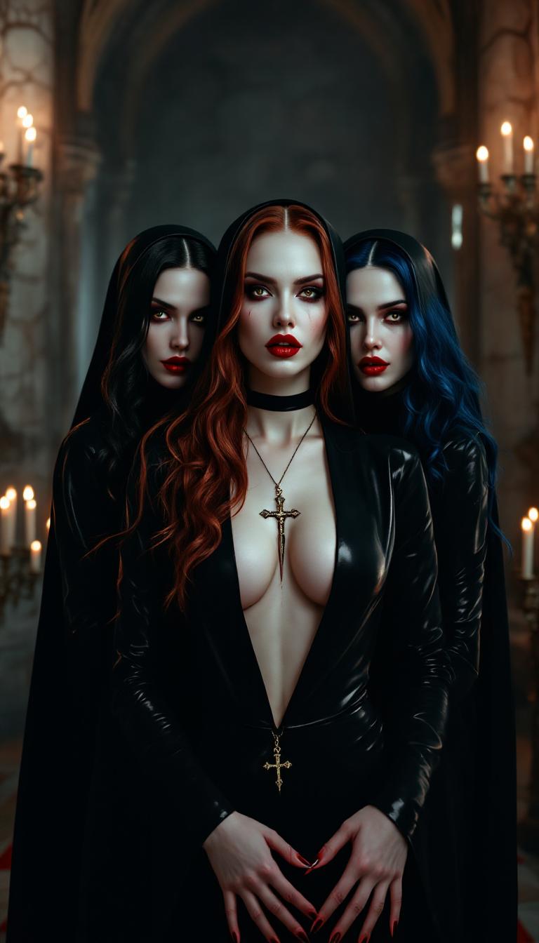 A haunting and provocative scene featuring three vampire queens, all striking women in their mid-30s, exuding dark beauty and vampiric allure. Their pale, porcelain skin contrasts sharply with blood-red lips and long, sharp fingernails painted in the same crimson hue. They are dressed in skin-tight, shiny black latex nun habits, provocatively revealing, with plunging necklines and high slits that emphasize their seductive yet sinister presence. Each wears an inverted crucifix pendant, a symbol of their defiance and corruption. Their long, voluminous hair cascades freely in waves and curls—raven black, deep auburn, and midnight blue—framing their cruel, wicked smiles that reveal sharp fangs and hint at their sinful, debauched nature.

The setting is a dark, foreboding gothic cathedral, its ancient stone walls cracked and desecrated, draped in shadows and flickering light from ornate gothic sconces and countless dripping candles. The air is thick with an obscene, corrupted atmosphere, as if the sanctity of the space has been violated beyond redemption. Stained glass windows, shattered in places, cast eerie, fragmented light in deep reds and blues across the scene. The cathedral's altar looms in the background, defaced with arcane symbols and smeared with dark, dried stains.

The composition centers the three queens in a commanding triangular formation, standing confidently on the cathedral's cold, cracked stone floor. The central queen stands slightly forward, her posture dominant, while the other two flank her with subtle smirks, their hands resting on their hips or gesturing with a predatory elegance. They wear towering black latex high-heeled boots, the glossy material reflecting the dim candlelight, adding to their imposing and dangerous aura. The camera angle is slightly low, looking up at them to emphasize their power and menace, with the cathedral's towering arches and shadowed ceiling stretching ominously above.

The mood is sinister and seductive, steeped in gothic horror and forbidden desire. The atmosphere feels heavy, as if laden with the weight of ancient sins, with a cold, damp chill permeating the air. The lighting is dramatic, with warm, flickering candlelight casting long, jagged shadows that dance across the walls, contrasted by the cool, ghostly glow of moonlight seeping through the broken windows. The artistic style is inspired by dark romanticism and gothic art, reminiscent of Caravaggio's chiaroscuro, with high contrast between light and shadow to enhance the dramatic tension. The image is hyper-detailed, capturing the glossy texture of the latex, the intricate decay of the cathedral's architecture, and the predatory gl