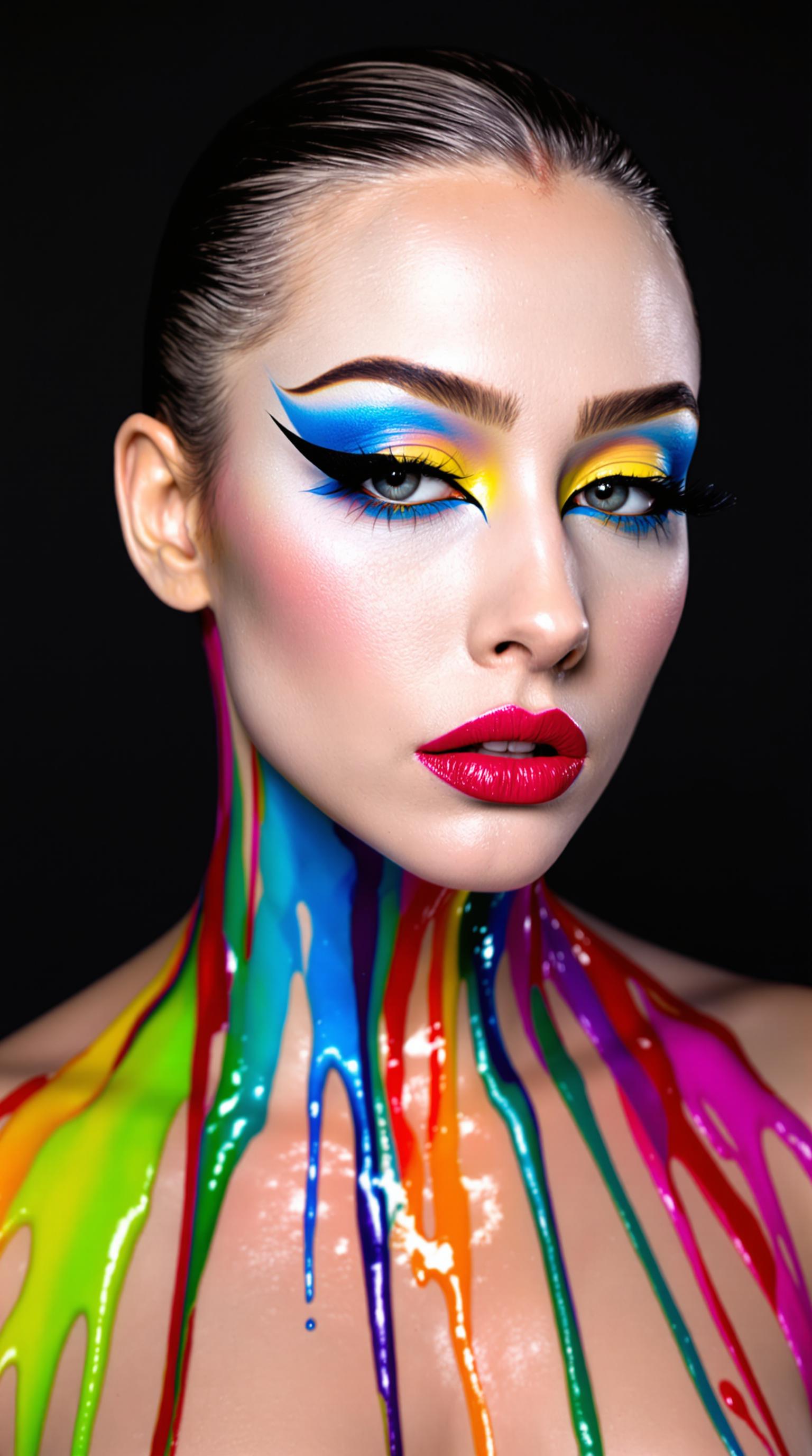 This image is a portrait of a person with a highly stylized and artistic makeup look. The person has their hair slicked back, which allows for a full view of the makeup and body paint. The makeup is bold and vibrant, with a focus on the eyes, lips, and body.The eyes are adorned with a metallic blue eyeshadow that extends into the crease, paired with a bright yellow eyeshadow on the inner corners. The eyeliner is thick and black, with a winged extension on the outer corners, giving a dramatic and cateye effect. The mascara is volumizing and black, enhancing the eyes further. The eyebrows are wellgroomed and filled in, with a natural arch.The lips are coated in a deep, rich red lipstick that stands out against the pale skin. The lipstick has a satiny finish, which catches the light and adds to the vibrancy of the color.The body paint is fluid and drips down the neck and shoulders in a variety of bright colors, including red, green, blue, and purple. The paint has a glossy finish, which reflects light and gives the appearance of a liquid substance. The paint is applied in a way that it seems to be melting down the persons body, creating an illusion of movement and fluidity.The overall art style of the image is surreal and fantastical, with a focus on bold colors and fluidity. The medium appears to be digital, given the smooth gradients and seamless blending of colors. The image has a high level of detail, from the individual strands of hair to the texture of the skin and the glossy finish of the paint. The background is a solid, dark color, which serves to highlight the subject and the vivid colors of the makeup and paint.