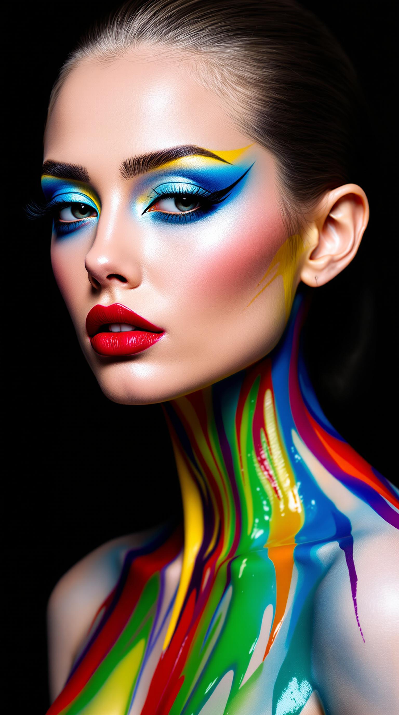 This image is a portrait of a person with a highly stylized and artistic makeup look. The person has their hair slicked back, which allows for a full view of the makeup and body paint. The makeup is bold and vibrant, with a focus on the eyes, lips, and body.The eyes are adorned with a metallic blue eyeshadow that extends into the crease, paired with a bright yellow eyeshadow on the inner corners. The eyeliner is thick and black, with a winged extension on the outer corners, giving a dramatic and cateye effect. The mascara is volumizing and black, enhancing the eyes further. The eyebrows are wellgroomed and filled in, with a natural arch.The lips are coated in a deep, rich red lipstick that stands out against the pale skin. The lipstick has a satiny finish, which catches the light and adds to the vibrancy of the color.The body paint is fluid and drips down the neck and shoulders in a variety of bright colors, including red, green, blue, and purple. The paint has a glossy finish, which reflects light and gives the appearance of a liquid substance. The paint is applied in a way that it seems to be melting down the persons body, creating an illusion of movement and fluidity.The overall art style of the image is surreal and fantastical, with a focus on bold colors and fluidity. The medium appears to be digital, given the smooth gradients and seamless blending of colors. The image has a high level of detail, from the individual strands of hair to the texture of the skin and the glossy finish of the paint. The background is a solid, dark color, which serves to highlight the subject and the vivid colors of the makeup and paint.