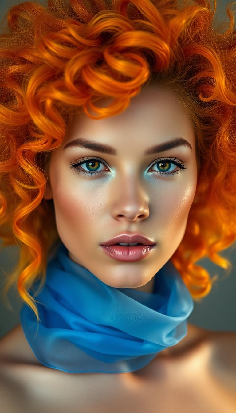 This image is a closeup portrait of a person with a highly stylized and artistic approach. The subject has a strikingly vibrant and colorful hairstyle that transitions from a fiery orange at the roots to a sunny yellow at the tips, giving the appearance of flames. The hair is voluminous and curly, with a dynamic and somewhat chaotic arrangement that adds to the overall sense of movement and energy in the image.The subjects skin is depicted with a smooth, flawless finish, and the lighting accentuates their features with a soft glow. The makeup is applied with subtlety, highlighting the eyes with a hint of shimmer and defining the eyebrows, while the lips are coated in a naturallooking nude shade that complements the overall softness of the makeup palette.The art style of the image leans towards surrealism, with elements that defy reality. The contrast between the warm tones of the hair and the cool blue fabric draped around the neck creates a striking visual dichotomy. The blue fabric is translucent and billows around the neck, giving the impression of smoke or ethereal mist. The way the fabric interacts with the light and the subjects skin adds depth and dimension to the composition.The medium used to create this image is not immediately apparent, but it appears to be a highquality photograph with postprocessing that has likely been applied to enhance the colors and create the surreal effects. The lighting is soft and diffused, likely controlled in a studio setting to achieve the desired look.Overall, the image is a creative and visually arresting piece that plays with color, texture, and light to evoke a sense of fantasy and otherworldliness.