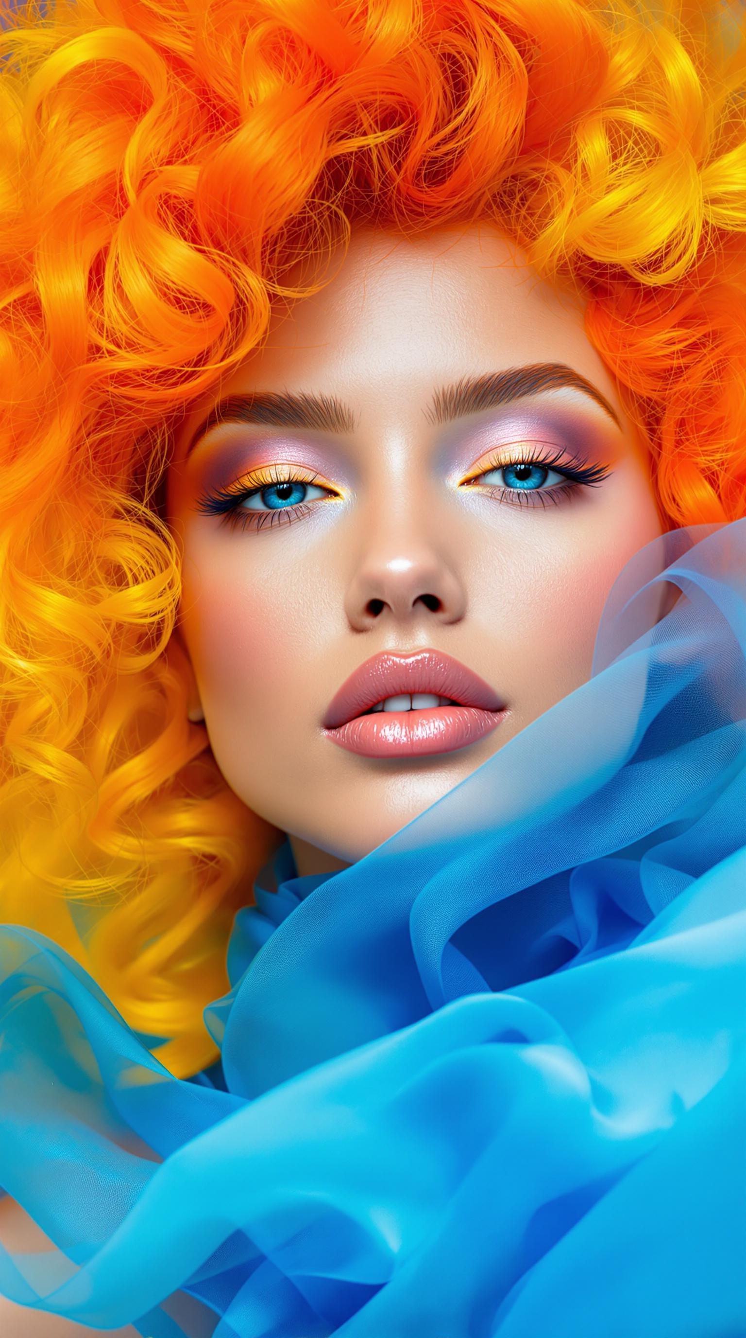 This image is a closeup portrait of a person with a highly stylized and artistic approach. The subject has a strikingly vibrant and colorful hairstyle that transitions from a fiery orange at the roots to a sunny yellow at the tips, giving the appearance of flames. The hair is voluminous and curly, with a dynamic and somewhat chaotic arrangement that adds to the overall sense of movement and energy in the image.The subjects skin is depicted with a smooth, flawless finish, and the lighting accentuates their features with a soft glow. The makeup is applied with subtlety, highlighting the eyes with a hint of shimmer and defining the eyebrows, while the lips are coated in a naturallooking nude shade that complements the overall softness of the makeup palette.The art style of the image leans towards surrealism, with elements that defy reality. The contrast between the warm tones of the hair and the cool blue fabric draped around the neck creates a striking visual dichotomy. The blue fabric is translucent and billows around the neck, giving the impression of smoke or ethereal mist. The way the fabric interacts with the light and the subjects skin adds depth and dimension to the composition.The medium used to create this image is not immediately apparent, but it appears to be a highquality photograph with postprocessing that has likely been applied to enhance the colors and create the surreal effects. The lighting is soft and diffused, likely controlled in a studio setting to achieve the desired look.Overall, the image is a creative and visually arresting piece that plays with color, texture, and light to evoke a sense of fantasy and otherworldliness.