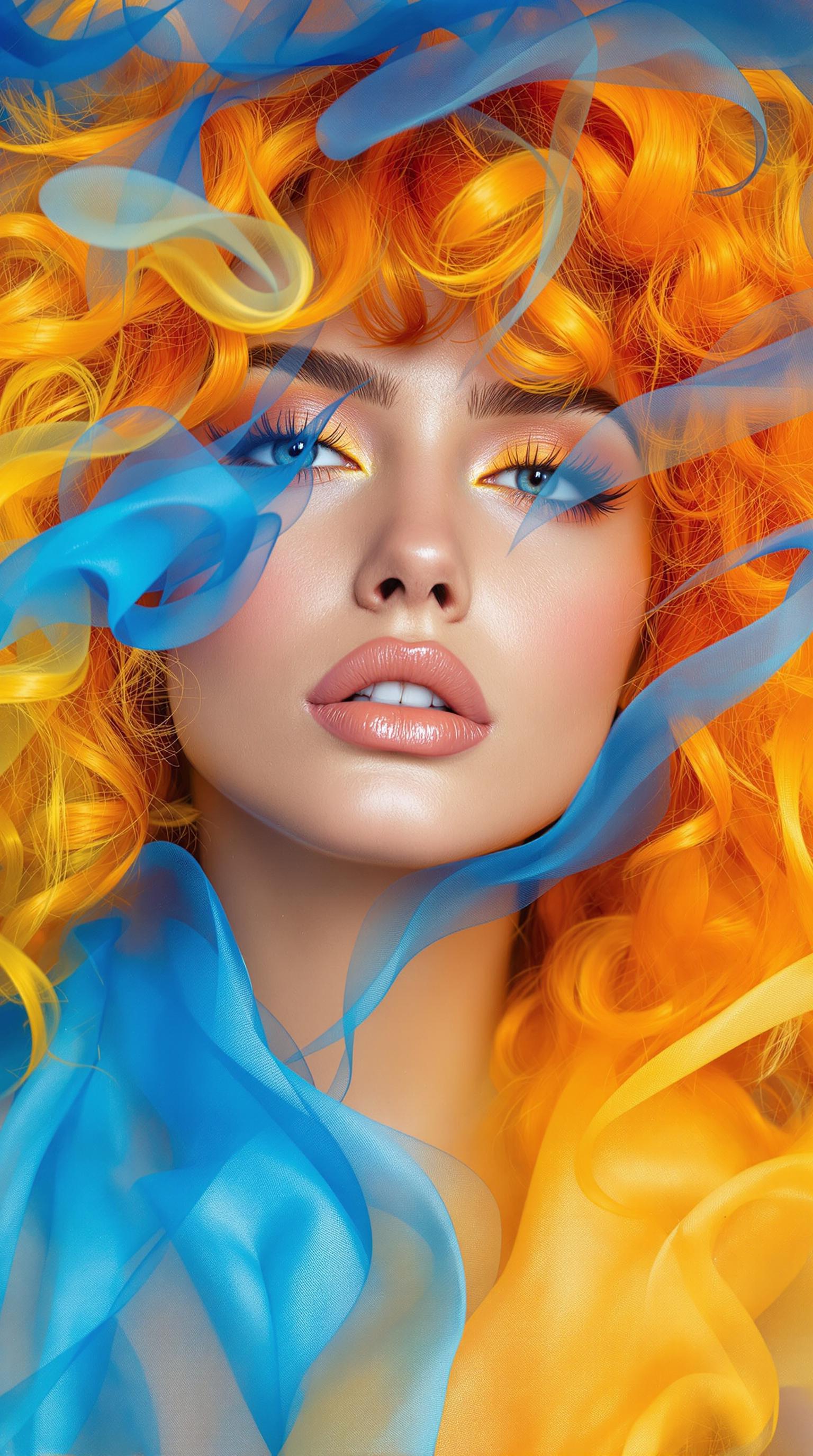This image is a closeup portrait of a person with a highly stylized and artistic approach. The subject has a strikingly vibrant and colorful hairstyle that transitions from a fiery orange at the roots to a sunny yellow at the tips, giving the appearance of flames. The hair is voluminous and curly, with a dynamic and somewhat chaotic arrangement that adds to the overall sense of movement and energy in the image.The subjects skin is depicted with a smooth, flawless finish, and the lighting accentuates their features with a soft glow. The makeup is applied with subtlety, highlighting the eyes with a hint of shimmer and defining the eyebrows, while the lips are coated in a naturallooking nude shade that complements the overall softness of the makeup palette.The art style of the image leans towards surrealism, with elements that defy reality. The contrast between the warm tones of the hair and the cool blue fabric draped around the neck creates a striking visual dichotomy. The blue fabric is translucent and billows around the neck, giving the impression of smoke or ethereal mist. The way the fabric interacts with the light and the subjects skin adds depth and dimension to the composition.The medium used to create this image is not immediately apparent, but it appears to be a highquality photograph with postprocessing that has likely been applied to enhance the colors and create the surreal effects. The lighting is soft and diffused, likely controlled in a studio setting to achieve the desired look.Overall, the image is a creative and visually arresting piece that plays with color, texture, and light to evoke a sense of fantasy and otherworldliness.