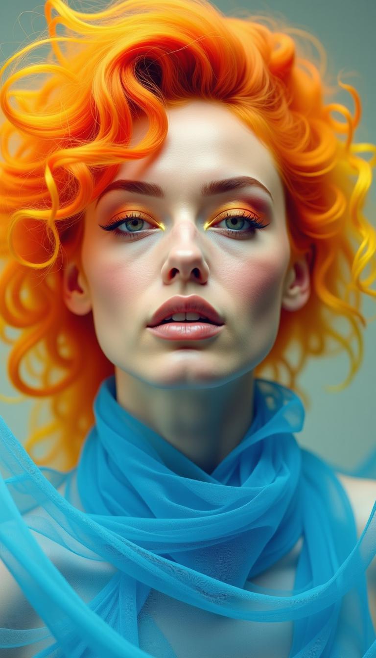 This image is a closeup portrait of a person with a highly stylized and artistic approach. The subject has a strikingly vibrant and colorful hairstyle that transitions from a fiery orange at the roots to a sunny yellow at the tips, giving the appearance of flames. The hair is voluminous and curly, with a dynamic and somewhat chaotic arrangement that adds to the overall sense of movement and energy in the image.The subjects skin is depicted with a smooth, flawless finish, and the lighting accentuates their features with a soft glow. The makeup is applied with subtlety, highlighting the eyes with a hint of shimmer and defining the eyebrows, while the lips are coated in a naturallooking nude shade that complements the overall softness of the makeup palette.The art style of the image leans towards surrealism, with elements that defy reality. The contrast between the warm tones of the hair and the cool blue fabric draped around the neck creates a striking visual dichotomy. The blue fabric is translucent and billows around the neck, giving the impression of smoke or ethereal mist. The way the fabric interacts with the light and the subjects skin adds depth and dimension to the composition.The medium used to create this image is not immediately apparent, but it appears to be a highquality photograph with postprocessing that has likely been applied to enhance the colors and create the surreal effects. The lighting is soft and diffused, likely controlled in a studio setting to achieve the desired look.Overall, the image is a creative and visually arresting piece that plays with color, texture, and light to evoke a sense of fantasy and otherworldliness.