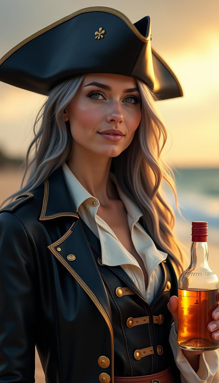 This image is a highresolution photograph that captures a closeup of a person dressed in a pirate costume. The subject is outdoors, with a blurred background that suggests a beach or a coastal area, given the presence of sand and the ocean in the distance. The lighting indicates it is either sunrise or sunset, as evidenced by the warm golden tones in the sky and the long shadows cast on the subjects face.The subject is wearing a tricorn hat, which is a classic pirate accessory, and has long, wavy, gray hair that falls over the shoulders. They are also wearing a detailed pirate costume, which includes a black leather jacket with gold trim and buttons, a white shirt with a ruffled collar, and a black vest with gold detailing. The pirates attire is rich in texture, with the leather appearing supple and the fabric of the shirt and vest showing folds and creases that give the costume a livedin appearance.In the subjects right hand, they are holding a clear glass bottle with a red screw cap, which contains a golden liquid, presumably rum or some other type of alcoholic beverage. The bottle is positioned slightly offcenter to the right, drawing the viewers eye to it.The art style of the photograph is realistic, with a focus on capturing the textures and details of the subjects costume and the bottle. The medium appears to be a digital camera, given the clarity and sharpness of the image. The colors are warm and muted, with the golden tones of the sunset creating a dramatic contrast against the cool blues of the ocean and the subjects dark attire. The lighting is soft and diffused, likely from the sun, which adds to the serene and inviting atmosphere of the scene.