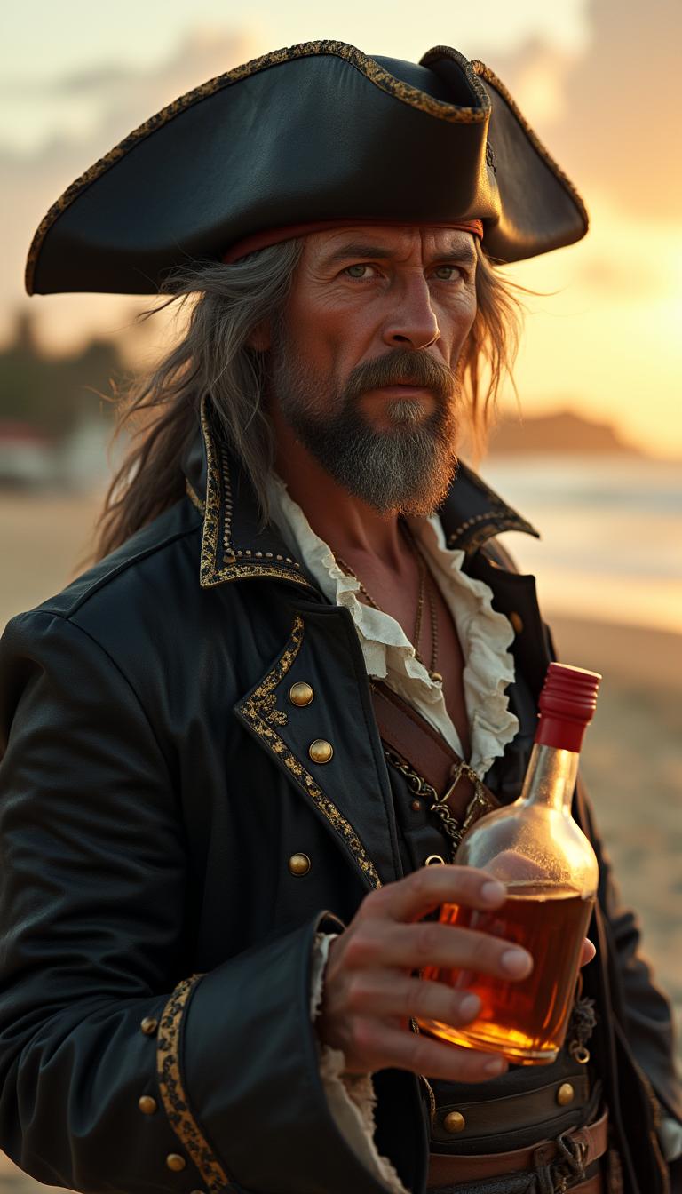 A high-resolution, realistic photograph of a close-up portrait of a person dressed in an elaborate pirate costume, standing outdoors on a sandy beach during a breathtaking sunrise or sunset. The background is softly blurred, revealing hints of a coastal area with golden sand and a distant ocean shimmering under warm, golden-hour light. The sky is painted with hues of amber and soft pink, casting long, dramatic shadows across the subject’s weathered face, enhancing the depth and emotion of the scene.

The subject, positioned centrally in the frame with a slight tilt of the head, exudes a rugged, adventurous charm. They wear a classic black tricorn hat, adorned with subtle wear and tear, perched atop long, wavy gray hair that cascades over their shoulders, tousled by a gentle sea breeze. Their costume is meticulously detailed: a supple black leather jacket with intricate gold trim and polished buttons, a white shirt with a ruffled collar peeking out, and a black vest embellished with ornate gold detailing. The textures are vivid—creases and folds in the fabric suggest a lived-in, authentic look, while the leather gleams faintly under the soft, diffused sunlight.

In their right hand, slightly off-center to draw focus, they hold a clear glass bottle with a red screw cap, filled with a rich, golden liquid, reminiscent of aged rum. The bottle catches the warm light, creating subtle reflections and highlights that add a tactile quality to the image. The camera angle is intimate, slightly low, looking up at the subject to emphasize their commanding presence against the expansive coastal backdrop.

The artistic style is hyper-realistic, captured as if with a high-end digital camera, prioritizing sharpness and intricate details in the costume’s textures and the bottle’s transparency. The color palette is warm and muted, with golden sunset tones contrasting beautifully against the cool blues of the ocean and the dark, rich tones of the pirate’s attire. The lighting is soft and cinematic, with the golden-hour sun casting a serene, inviting glow over the scene, evoking a mood of nostalgia and quiet adventure. The composition and atmosphere blend seamlessly, creating a captivating, believable moment frozen in time.