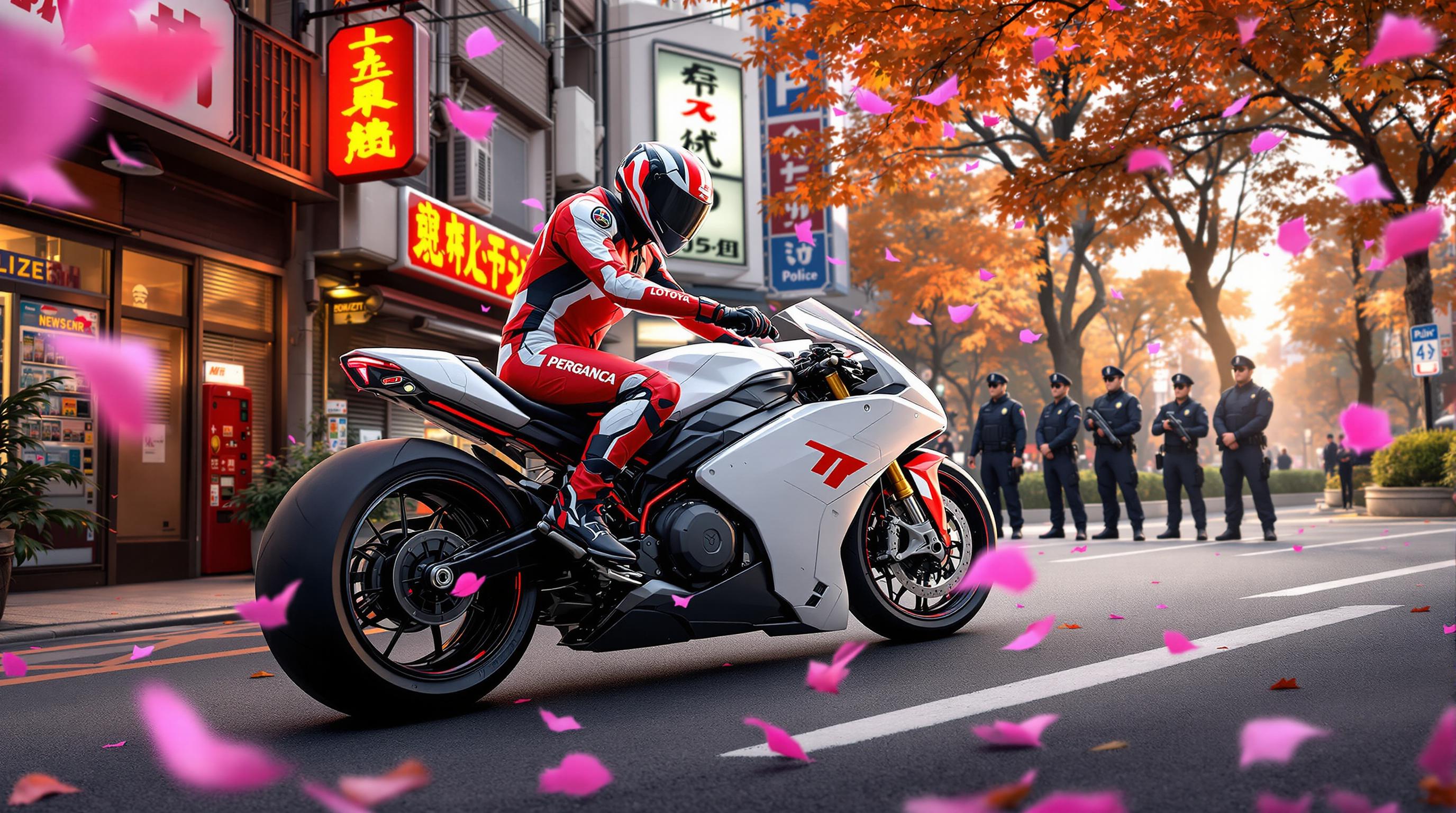 A stunning digital artwork blending urban realism with fantasy, created as a high-resolution digital painting in a style reminiscent of hyper-detailed concept art and cinematic digital illustration, evoking the precision of Photoshop or Procreate. The scene is set in a bustling Japanese city street during autumn, captured from a dynamic low-angle perspective that emphasizes the sleek, futuristic motorcycle in the foreground. The bike, with its aerodynamic white and black frame accented by vibrant red and pink highlights, boasts intricate textures on its polished metal surfaces, large round wheels, and a visible, high-tech engine. Parked on a weathered asphalt road with crisp white lines, the motorcycle exudes power and innovation.

The rider, positioned confidently atop the bike, wears a form-fitting racing suit in bold red, white, and black, adorned with meticulously rendered sponsor logos and padded protective areas, paired with a full-face helmet featuring a reflective visor that catches the ambient light. In the midground, a group of police officers in tactical gear—complete with helmets, body armor, and rifles—stand alert on the sidewalk, their dark, matte textures contrasting with the vibrant urban surroundings as they gaze toward the rider, adding tension to the scene.

The urban environment is rich with detail: towering buildings adorned with Japanese characters on glowing neon signs, lush green plants lining the street, a bold red newspaper vending machine, and a blue-and-white drink vending machine adding pops of color. Scattered fallen leaves in warm autumnal hues litter the pavement, while vibrant pink petals float ethereally through the air, infusing a dreamlike, magical quality into the otherwise grounded setting. The background features rows of trees and shrubs, their textures softened by distance, framing the composition with natural elements.

The color palette balances earthy, realistic tones of gray asphalt and muted building facades with striking, saturated accents—vivid reds and pinks on the motorcycle and petals, creating focal points against the subdued backdrop. Dramatic lighting enhances depth, with soft golden-hour sunlight casting long shadows and highlighting intricate details through a masterful interplay of highlights and contrast. The atmosphere is a captivating mix of gritty urban reality and whimsical fantasy, evoking a sense of mystery and anticipation, as if a thrilling story is about to unfold in this meticulously crafted world.