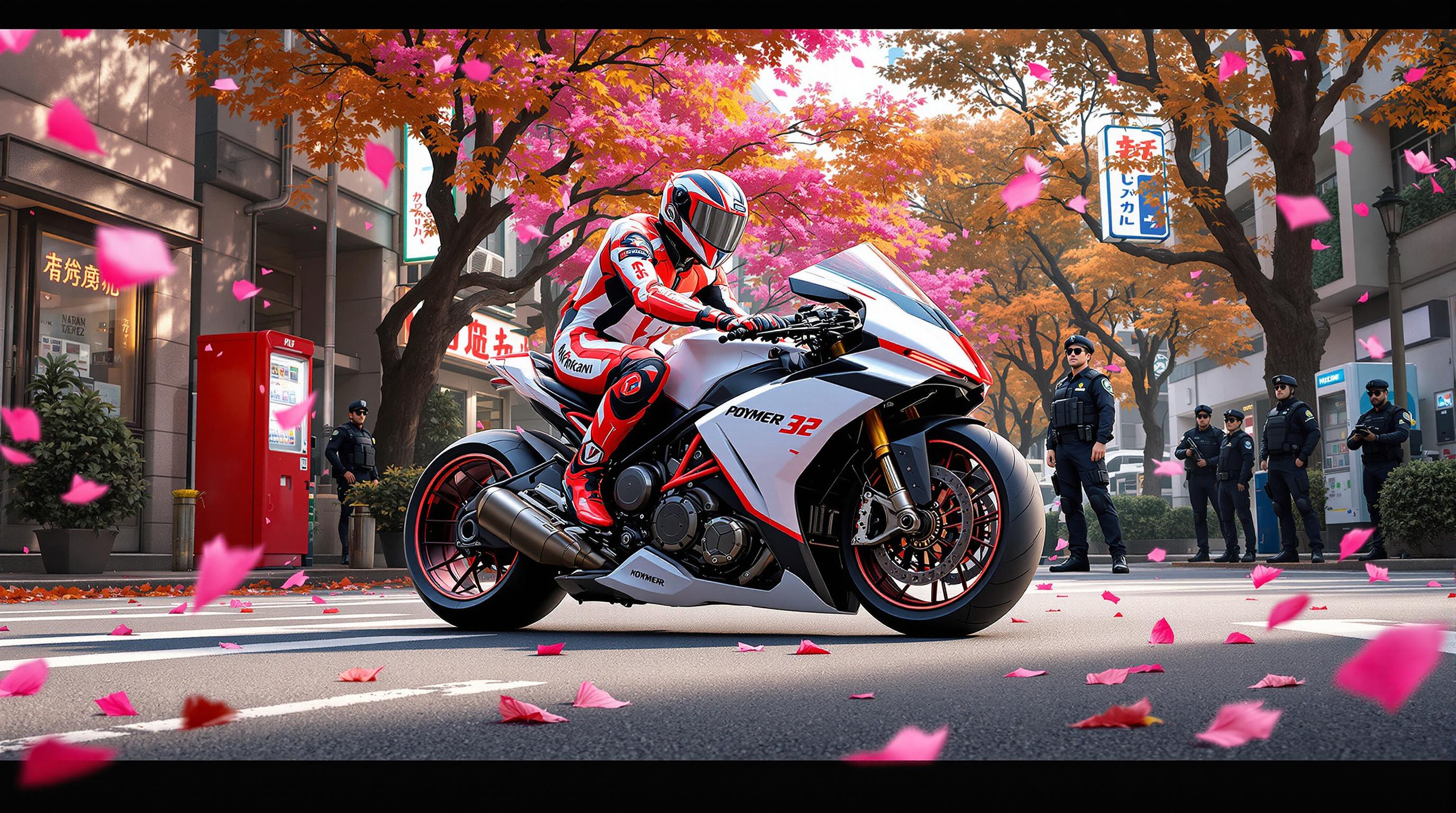 A stunning digital artwork blending urban realism with fantasy, created as a high-resolution digital painting in a style reminiscent of hyper-detailed concept art and cinematic digital illustration, evoking the precision of Photoshop or Procreate. The scene is set in a bustling Japanese city street during autumn, captured from a dynamic low-angle perspective that emphasizes the sleek, futuristic motorcycle in the foreground. The bike, with its aerodynamic white and black frame accented by vibrant red and pink highlights, boasts intricate textures on its polished metal surfaces, large round wheels, and a visible, high-tech engine. Parked on a weathered asphalt road with crisp white lines, the motorcycle exudes power and innovation.

The rider, positioned confidently atop the bike, wears a form-fitting racing suit in bold red, white, and black, adorned with meticulously rendered sponsor logos and padded protective areas, paired with a full-face helmet featuring a reflective visor that catches the ambient light. In the midground, a group of police officers in tactical gear—complete with helmets, body armor, and rifles—stand alert on the sidewalk, their dark, matte textures contrasting with the vibrant urban surroundings as they gaze toward the rider, adding tension to the scene.

The urban environment is rich with detail: towering buildings adorned with Japanese characters on glowing neon signs, lush green plants lining the street, a bold red newspaper vending machine, and a blue-and-white drink vending machine adding pops of color. Scattered fallen leaves in warm autumnal hues litter the pavement, while vibrant pink petals float ethereally through the air, infusing a dreamlike, magical quality into the otherwise grounded setting. The background features rows of trees and shrubs, their textures softened by distance, framing the composition with natural elements.

The color palette balances earthy, realistic tones of gray asphalt and muted building facades with striking, saturated accents—vivid reds and pinks on the motorcycle and petals, creating focal points against the subdued backdrop. Dramatic lighting enhances depth, with soft golden-hour sunlight casting long shadows and highlighting intricate details through a masterful interplay of highlights and contrast. The atmosphere is a captivating mix of gritty urban reality and whimsical fantasy, evoking a sense of mystery and anticipation, as if a thrilling story is about to unfold in this meticulously crafted world.