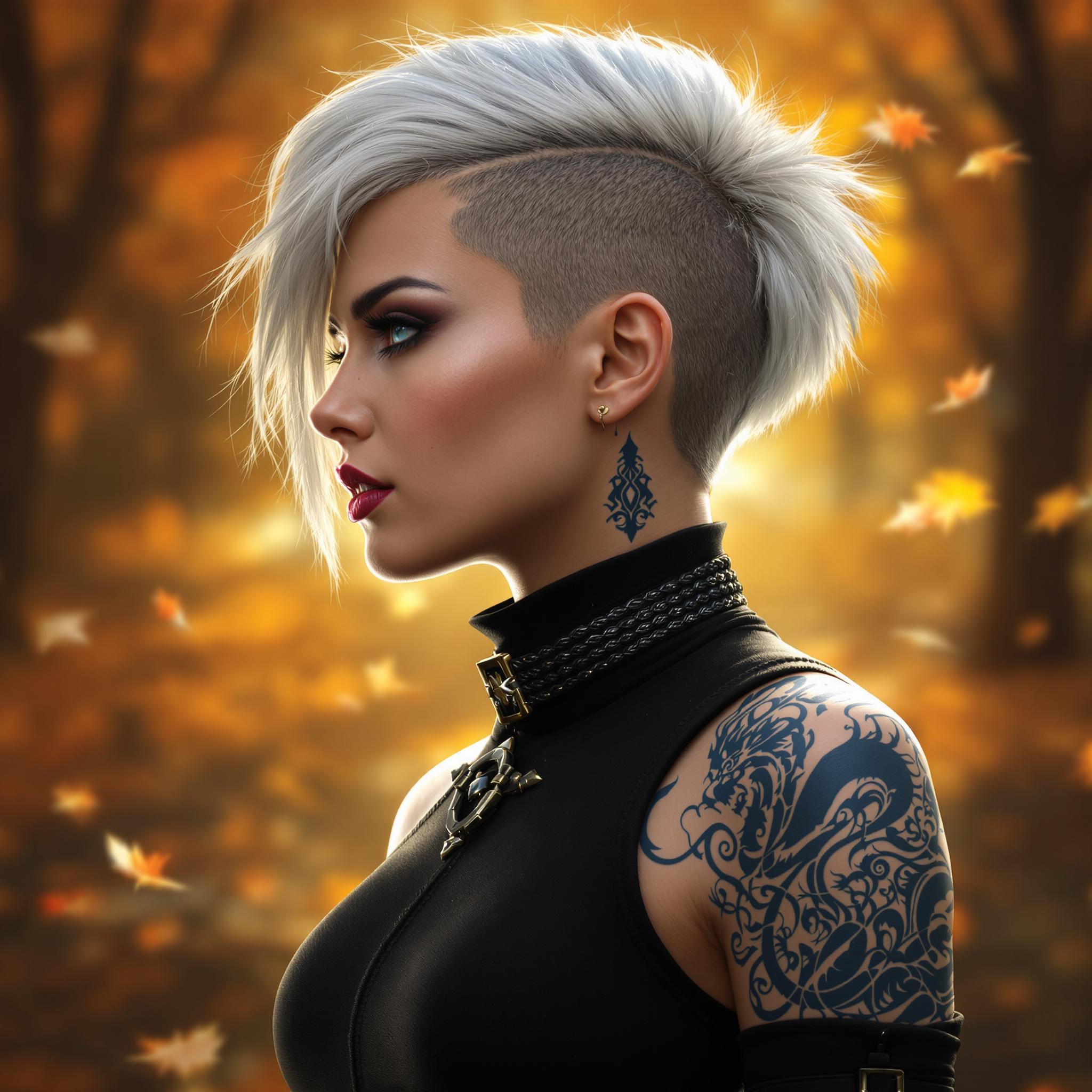 This image is a digital artwork that captures a closeup profile of a person with a striking and detailed appearance. The subject has a short, asymmetrical haircut with a shaved side, giving a modern and edgy vibe. The hair color is a gradient of white to a darker root, which adds depth and dimension to the hairstyle.The person is wearing a black, formfitting top with a high neckline and a structured design that contours the body. The top has a metallic buckle detail on the front, which adds a touch of elegance and suggests a gothic or fantasy influence in the style.The subject has a tattoo on the right shoulder and upper arm, which is a complex, dark blue design with intricate patterns and swirls. The tattoo is detailed and appears to be a stylized representation of a dragon or mythical creature, which is a common symbol in fantasy and gothic art.The person is also wearing a black choker necklace with a thick, braided design, which complements the tattoo and adds to the overall gothic aesthetic.The background of the image is a blurred autumnal scene with warm, orange and yellow leaves, which contrasts with the cool tones of the subjects hair and clothing. The leaves are falling and scattered across the ground, creating a sense of movement and the passage of time.The lighting in the image is dramatic and highlights the subjects features, with a warm, golden glow that seems to emanate from behind the subject, casting a soft shadow and giving the image a cinematic quality.Overall, the art style of the image is digital fantasy with a gothic influence, utilizing a combination of realistic and stylized elements to create a visually compelling and immersive scene. The medium appears to be a highresolution digital painting, with attention to detail and a skillful use of color and lighting.