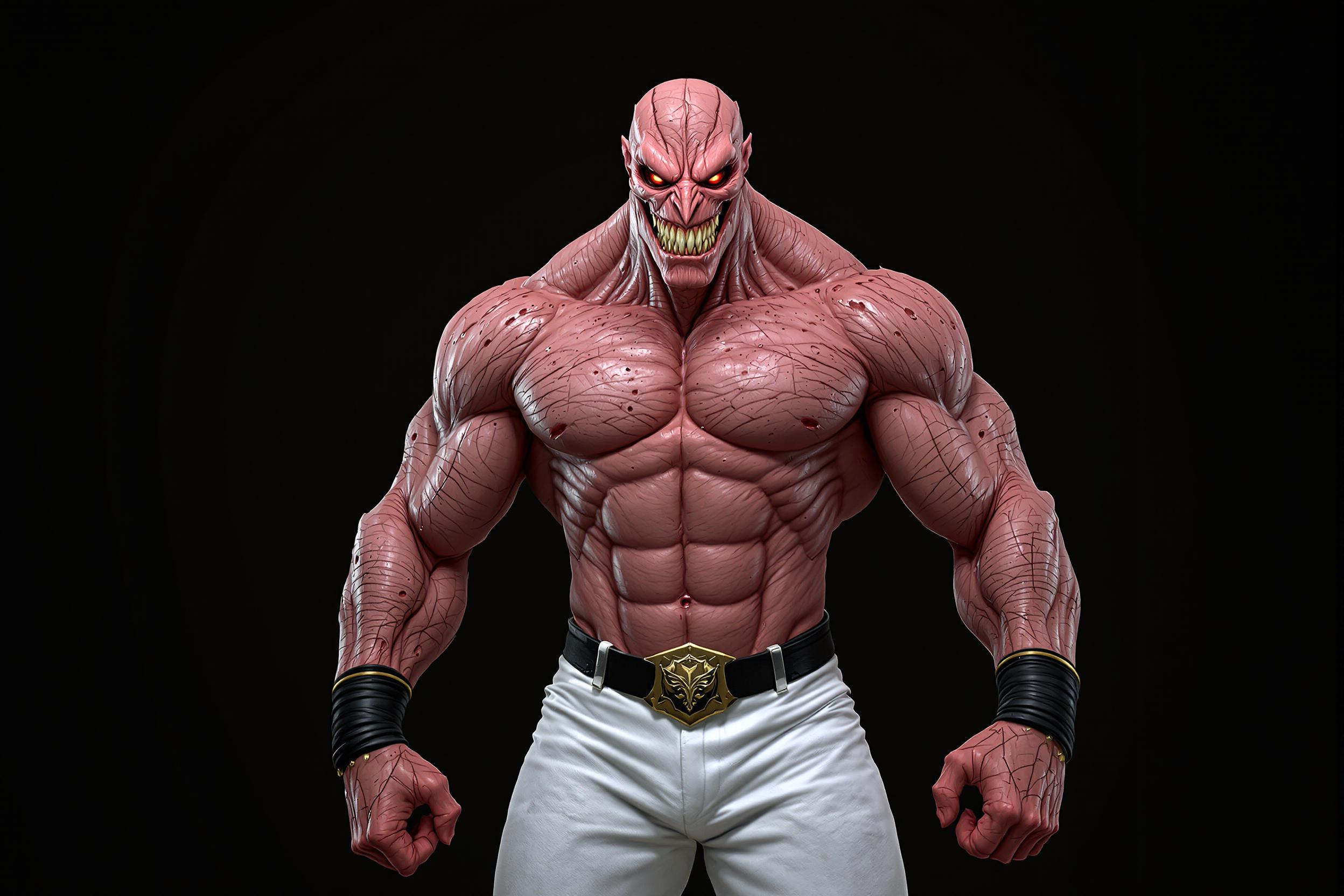 A hyper-realistic digital rendering of a menacing, muscular humanoid character with a powerful, dominant stance, standing confidently in the center of the frame. The character's skin is a striking shade of rough, textured pink, with a three-dimensional, almost tactile quality, covered in small, round indentations resembling scars or holes across the head, arms, and torso. The elongated head features a long, pointed snout, with large, deep-set eyes glowing a fierce reddish hue, exuding intensity and aggression. The wide-open mouth reveals sharp, pointed teeth in a sinister grin, amplifying the threatening aura. The character's muscular arms are incredibly detailed, with prominent veins and a sense of weight, adorned with sleek black and gold wristbands that contrast the raw texture of the skin. The bare torso showcases a chiseled six-pack and defined abs, emphasizing raw physical strength. White pants with a black belt cinch the waist, the belt featuring a gold buckle with an intricate, stylized emblem that adds a touch of mystique. The background is a dramatic dark gradient, transitioning from deep black at the top to rich brown at the bottom, creating stark contrast that isolates and highlights the character. The composition is frontal and symmetrical, with a low camera angle looking slightly upward to enhance the character's imposing presence. The lighting is dramatic, with a subtle spotlight effect casting soft shadows that accentuate the muscular definition and rough skin texture. The mood is intense and foreboding, evoking a sense of raw power and danger, set against an ambiguous, timeless atmosphere. The art style blends hyper-realism with dark fantasy, featuring exaggerated yet believable proportions, rendered with meticulous detail, smooth gradients, and cinematic depth of field.
