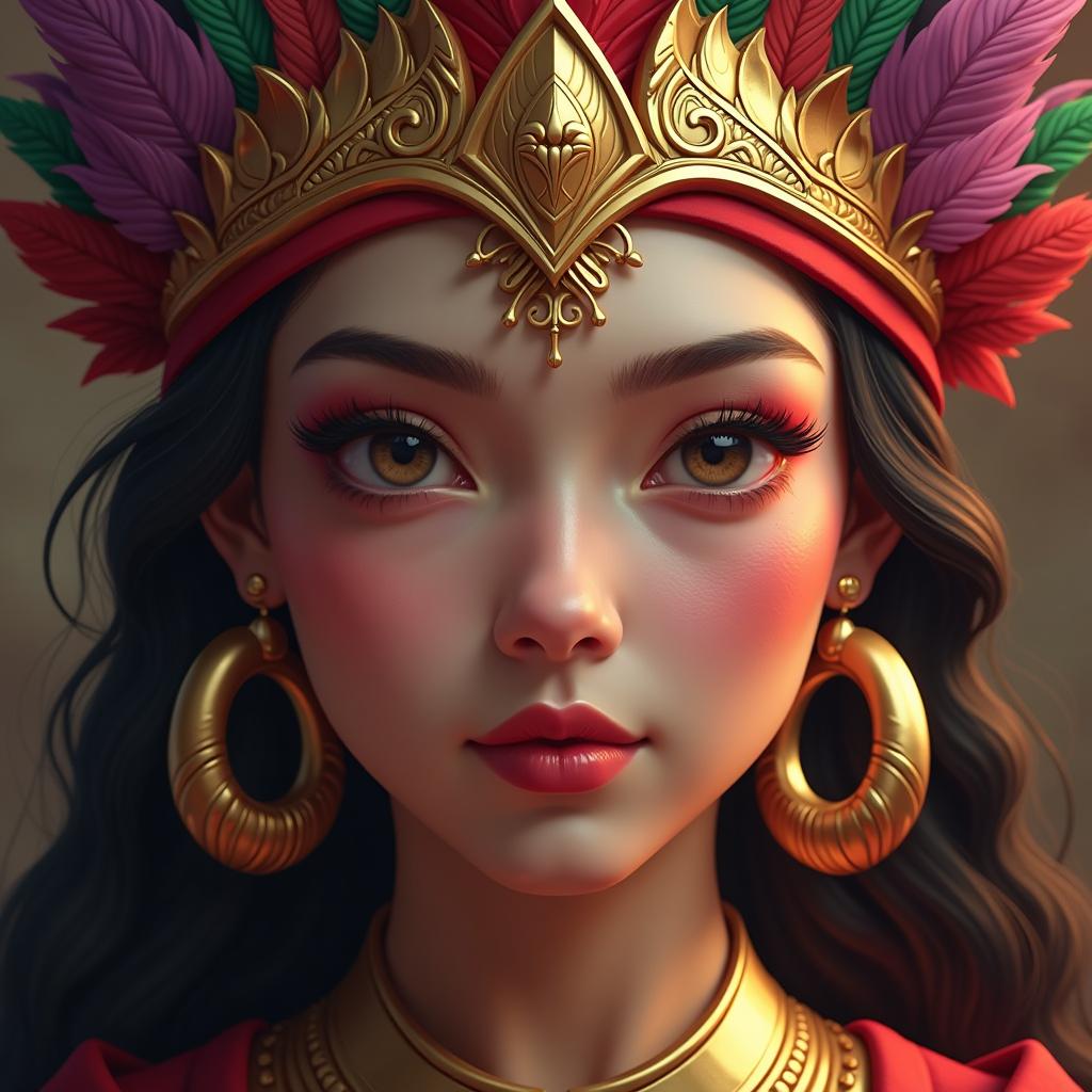 This image is a digital artwork that presents a closeup of a persons face. The art style is highly detailed and realistic, with a focus on the textures and lighting that give the image a lifelike quality. The medium appears to be a digital painting or rendering, given the smooth gradients and seamless blending of colors.The colors in the image are rich and vibrant, with a predominance of reds, golds, and purples. The reds are deep and saturated, creating a bold contrast against the lighter skin tones and the gold accents. The gold is a warm, metallic tone that stands out prominently, giving a sense of luxury and regality. The purples are used in the background and in the persons earrings, adding depth and a touch of mystique to the composition.The objects in the image are primarily accessories and adornments. The person is wearing a golden headpiece with a triangular shape that sits atop the head, adorned with intricate detailing and what appears to be feathers or leaves in green and pink hues. The earrings are large, circular, and also feature a golden finish with a similar design to the headpiece. The persons attire is not fully visible, but we can see a hint of a golden collar or necklace, which complements the overall regal aesthetic.The background is intentionally blurred, focusing the viewers attention on the detailed features of the persons face and the ornate accessories. The blurred background also adds to the sense of mystery and grandeur, drawing the viewer into the image and allowing them to fully appreciate the intricate details and textures.Overall, the image exudes a sense of power, elegance, and mystique, with a strong emphasis on the rich colors and detailed textures that bring the subject to life.