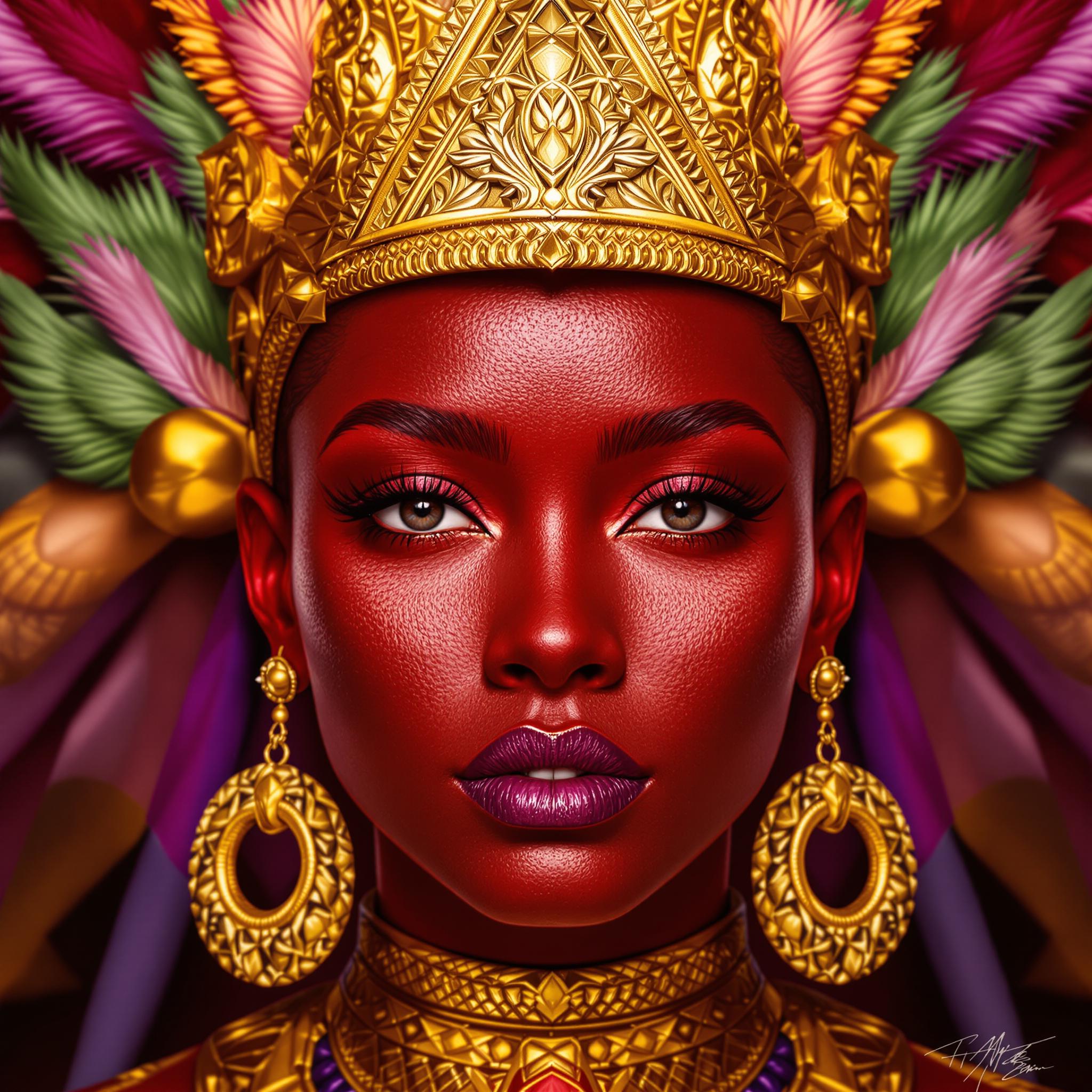 This image is a digital artwork that presents a closeup of a persons face. The art style is highly detailed and realistic, with a focus on the textures and lighting that give the image a lifelike quality. The medium appears to be a digital painting or rendering, given the smooth gradients and seamless blending of colors.The colors in the image are rich and vibrant, with a predominance of reds, golds, and purples. The reds are deep and saturated, creating a bold contrast against the lighter skin tones and the gold accents. The gold is a warm, metallic tone that stands out prominently, giving a sense of luxury and regality. The purples are used in the background and in the persons earrings, adding depth and a touch of mystique to the composition.The objects in the image are primarily accessories and adornments. The person is wearing a golden headpiece with a triangular shape that sits atop the head, adorned with intricate detailing and what appears to be feathers or leaves in green and pink hues. The earrings are large, circular, and also feature a golden finish with a similar design to the headpiece. The persons attire is not fully visible, but we can see a hint of a golden collar or necklace, which complements the overall regal aesthetic.The background is intentionally blurred, focusing the viewers attention on the detailed features of the persons face and the ornate accessories. The blurred background also adds to the sense of mystery and grandeur, drawing the viewer into the image and allowing them to fully appreciate the intricate details and textures.Overall, the image exudes a sense of power, elegance, and mystique, with a strong emphasis on the rich colors and detailed textures that bring the subject to life.
