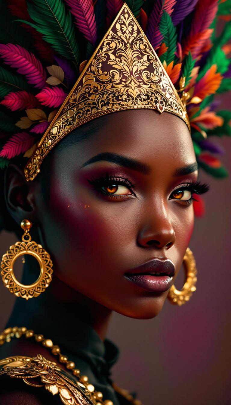 A hyper-realistic digital painting of a close-up portrait featuring a person's face, exuding regal elegance and mystique. The artwork showcases intricate textures and lifelike details, with smooth gradients and seamless color blending, reminiscent of high-end digital rendering. The color palette is rich and vibrant, dominated by deep, saturated reds contrasting with warm, glowing skin tones, complemented by luxurious metallic golds and mysterious purples. The golden accents, including a striking triangular headpiece adorned with detailed engravings and vibrant green and pink feather-like or leaf motifs, shimmer with a warm, reflective sheen, evoking a sense of opulence. Large, circular golden earrings with matching intricate designs and a hint of a golden collar or necklace enhance the majestic aura. The person's facial features are meticulously rendered, with soft, natural lighting casting gentle highlights and shadows that accentuate the contours of the face, creating a three-dimensional effect. The composition is tightly framed, focusing on the face and ornate accessories, with a deliberately blurred background in muted purple tones that adds depth and draws attention to the subject. The mood is powerful and elegant, with an enigmatic atmosphere, set against a backdrop that suggests a timeless, royal setting. The image is crafted with a photorealistic style, emphasizing fine details like the texture of the skin, the metallic gleam of the gold, and the subtle interplay of light and shadow, captured as if through a high-definition close-up lens with a shallow depth of field.