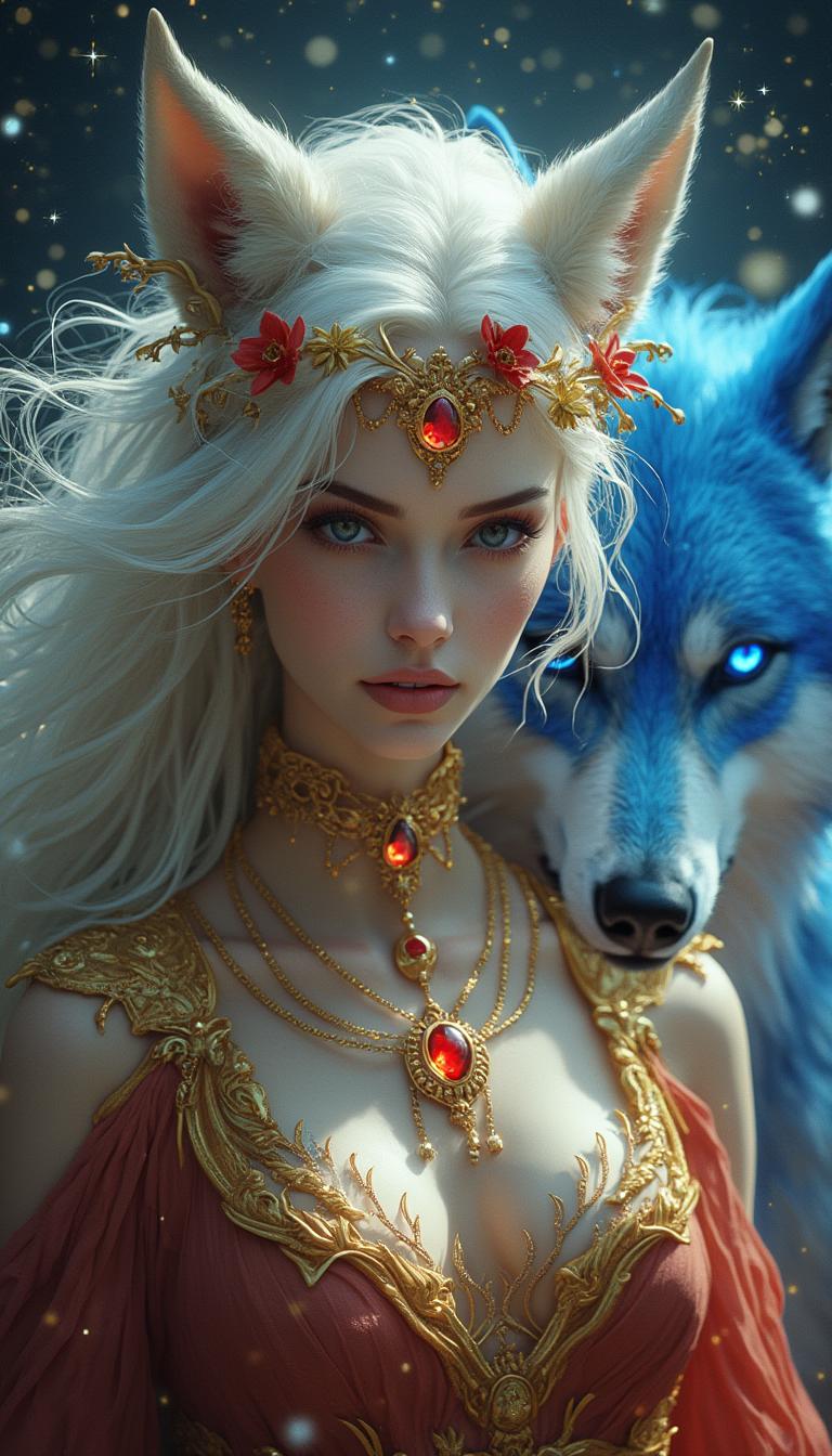 This image is a digital artwork that features a central figure with a striking resemblance to a mythical creature, possibly a siren or a similar being, given the prominent wolflike ears and the ethereal aura surrounding the character. The art style is highly detailed and realistic, with a touch of fantasy, as evidenced by the magical elements and the creatures otherworldly appearance.The medium appears to be a digital painting, utilizing advanced rendering techniques to create a lifelike texture and depth. The use of lighting and shadow is particularly impressive, as it adds to the threedimensional quality of the image and emphasizes the intricate details of the characters attire and the wolfs fur.The colors in the image are rich and vibrant, with a predominance of whites, golds, and blues. The characters hair is a pure white, which contrasts beautifully with the golden jewelry and the red accents of the clothing. The wolf behind the character has a striking blue hue, which stands out against the dark, starry background. This color choice creates a sense of mystique and fantasy, as the blue wolf is not a common sight in nature and adds to the magical atmosphere of the scene.Objects in the image include the central figure, who is adorned with an elaborate golden headpiece featuring red gemstones and flowers, a matching necklace with a prominent red gemstone, and a similarly ornate golden garment with red detailing. The wolf behind the character has a glowing blue aura and a detailed coat of fur, with its eyes glowing an intense blue. The background is filled with twinkling stars, which contribute to the magical and otherworldly feel of the scene.