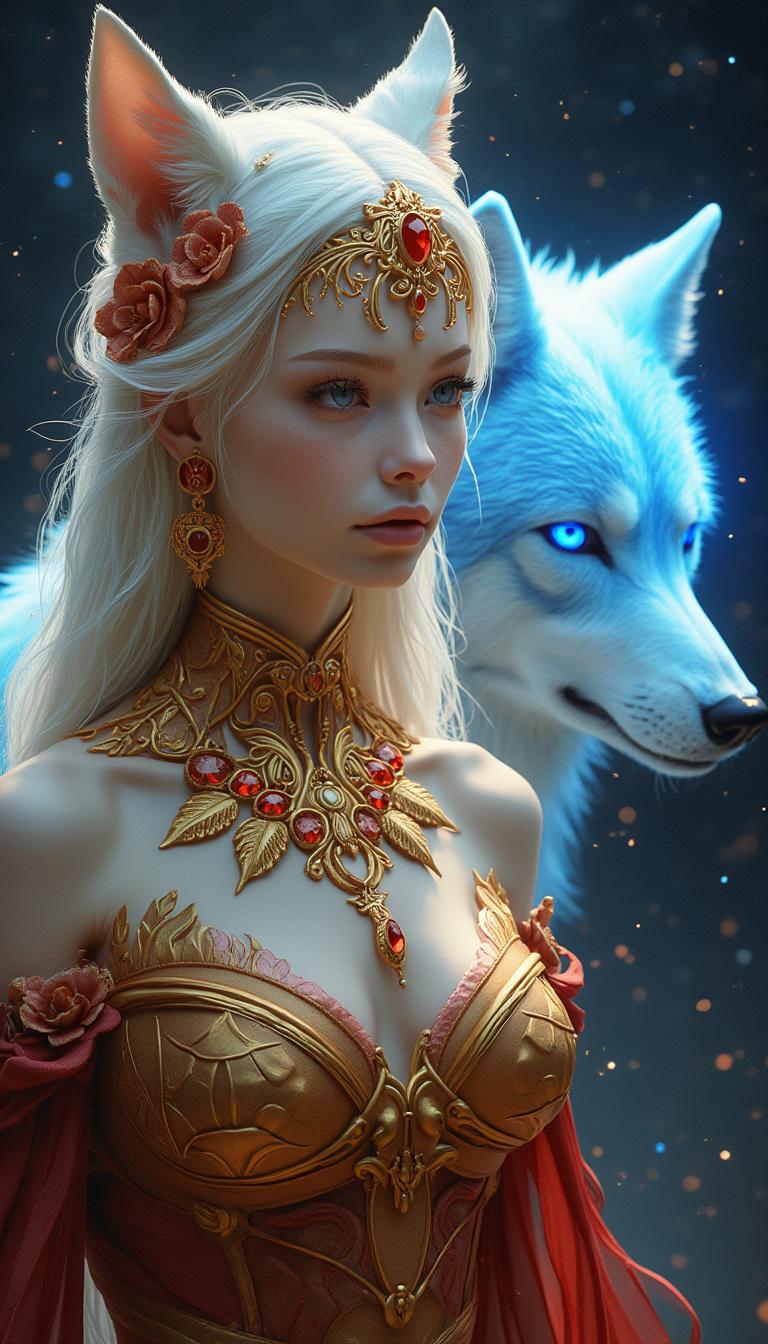 This image is a digital artwork that features a central figure with a striking resemblance to a mythical creature, possibly a siren or a similar being, given the prominent wolflike ears and the ethereal aura surrounding the character. The art style is highly detailed and realistic, with a touch of fantasy, as evidenced by the magical elements and the creatures otherworldly appearance.The medium appears to be a digital painting, utilizing advanced rendering techniques to create a lifelike texture and depth. The use of lighting and shadow is particularly impressive, as it adds to the threedimensional quality of the image and emphasizes the intricate details of the characters attire and the wolfs fur.The colors in the image are rich and vibrant, with a predominance of whites, golds, and blues. The characters hair is a pure white, which contrasts beautifully with the golden jewelry and the red accents of the clothing. The wolf behind the character has a striking blue hue, which stands out against the dark, starry background. This color choice creates a sense of mystique and fantasy, as the blue wolf is not a common sight in nature and adds to the magical atmosphere of the scene.Objects in the image include the central figure, who is adorned with an elaborate golden headpiece featuring red gemstones and flowers, a matching necklace with a prominent red gemstone, and a similarly ornate golden garment with red detailing. The wolf behind the character has a glowing blue aura and a detailed coat of fur, with its eyes glowing an intense blue. The background is filled with twinkling stars, which contribute to the magical and otherworldly feel of the scene.