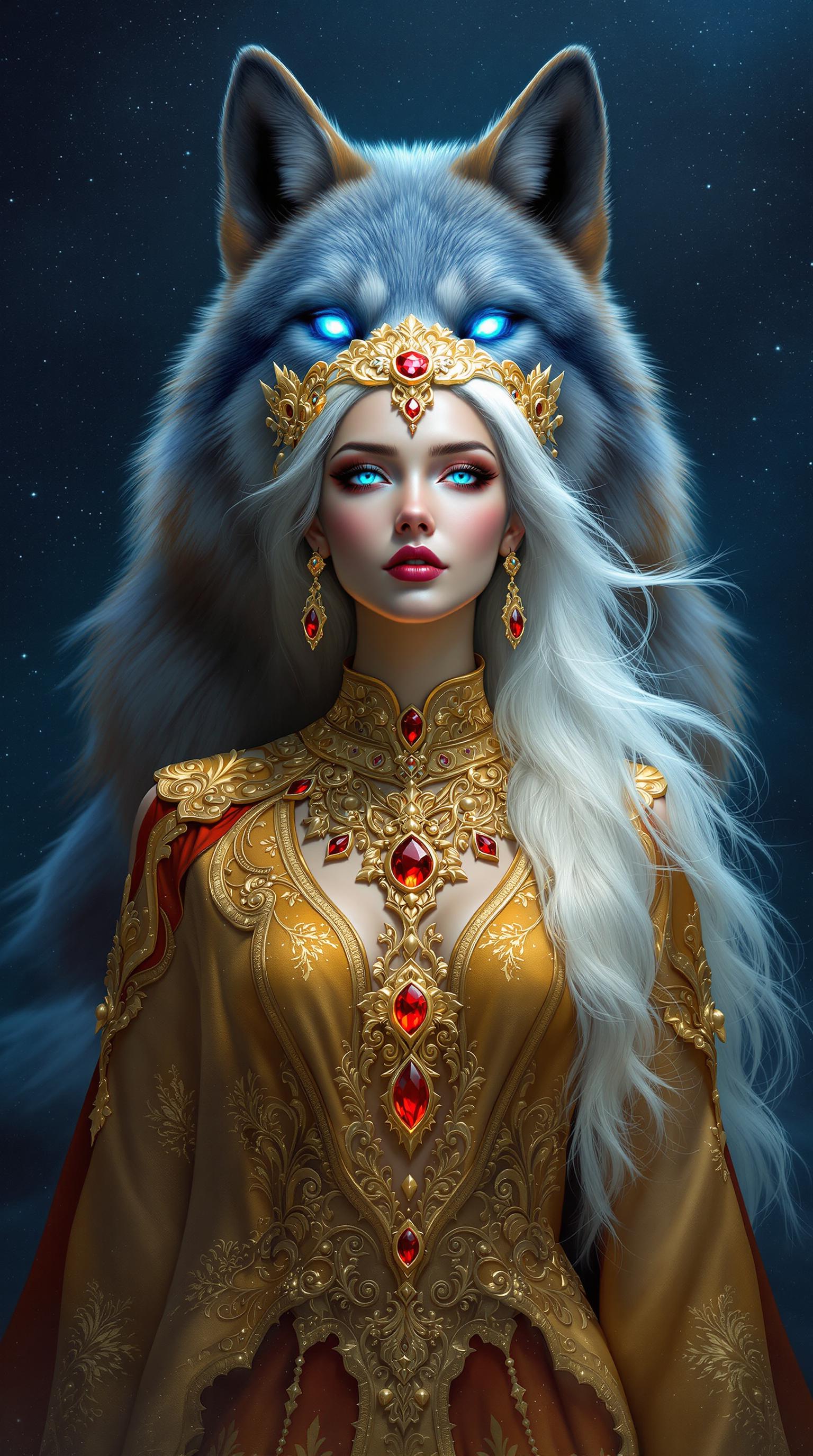 A breathtaking digital painting of a mythical siren-like figure, exuding an ethereal and otherworldly aura, standing as the central focus of the composition. The character possesses striking wolflike ears, adding to their fantastical nature, and is rendered with hyper-realistic detail, showcasing intricate textures in their features and attire. The art style blends high realism with fantasy elements, reminiscent of modern digital fantasy art, with advanced rendering techniques that emphasize lifelike depth and three-dimensionality.

The figure is adorned in an elaborate golden headpiece encrusted with vibrant red gemstones and delicate floral motifs, paired with a matching necklace featuring a large, glowing red gem at its center. Their flowing garment is an ornate golden design with bold red accents, the fabric catching the light with subtle metallic sheen and intricate embroidery details. The character's pure white hair cascades softly, contrasting beautifully with the warm golds and vivid reds of their attire, enhancing their divine and mystical presence.

Behind the figure stands a majestic wolf, its fur a striking, unnatural blue that glows with a faint, magical aura. The wolf's intense, luminous blue eyes pierce through the scene, and its detailed fur texture ripples with subtle highlights and shadows, adding to its otherworldly mystique. The background is a deep, velvety night sky, dotted with countless twinkling stars that shimmer softly, creating a sense of infinite wonder and magic.

The composition is framed with the siren-like figure positioned slightly off-center, gazing forward with an enigmatic expression, while the wolf looms protectively behind, its head tilted upward as if howling to the unseen moon. The camera angle is slightly low, looking up at the subjects to emphasize their grandeur and dominance in the scene. Lighting is dramatic and cinematic, with a soft, ethereal glow emanating from the characters and the wolf, casting gentle highlights and deep shadows that enhance the three-dimensional quality of the image. The interplay of light and shadow accentuates the textures of the fur, jewelry, and fabric, creating a tactile sense of realism.

The color palette is rich and vibrant, dominated by pristine whites, warm golds, and deep blues, with bold red accents that draw the eye to key details. The mood is enchanting and mysterious, evoking a sense of ancient magic and untold stories, set under a starlit night sky with a cool, serene atmosphere. The overall ambiance is one of awe and reverence, as if witnessing a sacred moment between a mythical being and their guardian spirit.