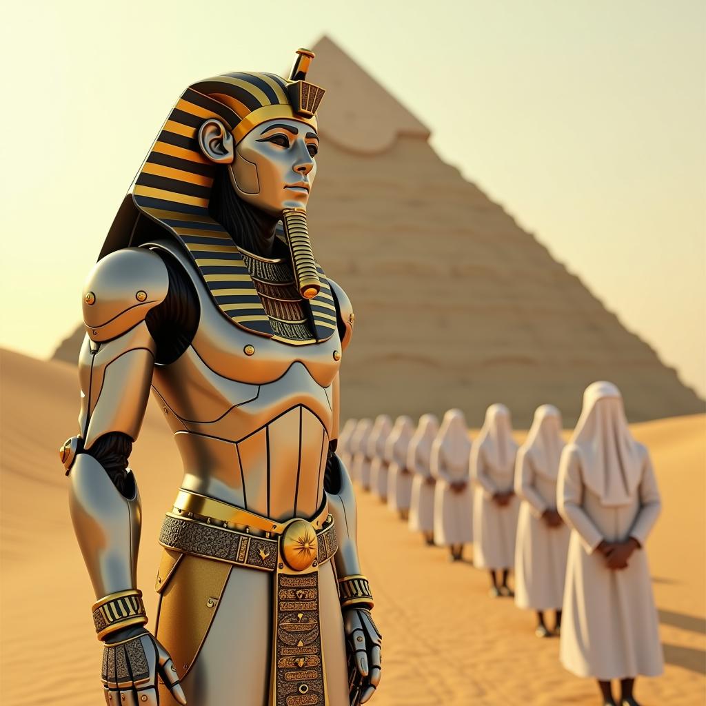 This image is a digital artwork that captures a scene set in an ancient Egyptian desert landscape. The central figure is a humanoid robot dressed in a detailed Egyptian pharaonic costume, with a metallic silver body adorned with gold and black accents. The robots head is encased in a traditional Egyptian headdress, with a striped pattern and a golden beard, suggesting a blend of ancient Egyptian royalty with futuristic technology.The robot stands prominently in the foreground, with a group of figures in white robes and head coverings in the background, appearing to be in a line, facing away from the viewer, as if in a procession or ceremony. The figures are uniformly dressed, with their hands clasped together in front of them, contributing to a sense of solemnity and reverence.The art style of the image is a blend of photorealism and fantasy, with attention to historical accuracy in the costumes and architecture, while the robot introduces a science fiction element. The medium appears to be a 3D rendering, given the smooth surfaces and lighting, which are typical of this type of digital artwork.The colors in the image are warm and earthy, with the golden tones of the robots costume standing out against the sandy desert backdrop. The sky is a soft, warm yellow, suggesting either sunrise or sunset. The white robes of the figures in the background contrast with the golden tones of the robot, creating a visually striking composition.Objects in the image include the robot, the pyramid in the background, and the figures in the desert. The pyramid is a large, smoothsided structure with a pointed apex, a hallmark of ancient Egyptian architecture. The robot is the focal point, with its detailed costume and futuristic design. The figures in the background add depth to the scene and contribute to the narrative of a ceremonial procession.Overall, the image is a compelling blend of ancient Egyptian history and science fiction, rendered with attention to detail and a cinematic quality.
