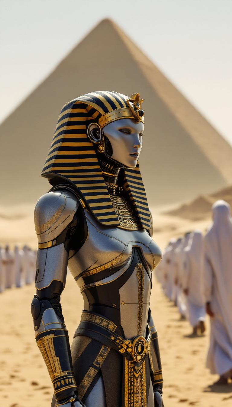 A breathtaking digital artwork depicting an ancient Egyptian desert landscape, blending historical grandeur with futuristic innovation. In the foreground, a striking humanoid robot stands as the central figure, its sleek metallic silver body intricately adorned with gold and black accents, dressed in an elaborate pharaonic costume. The robot's head is encased in a traditional Egyptian headdress, featuring a bold striped pattern and a shimmering golden beard, embodying a fusion of ancient royalty and cutting-edge technology. The robot's surface reflects subtle highlights, emphasizing its polished, futuristic texture under the warm desert light.

In the background, a solemn procession of figures in flowing white robes and head coverings stands in a neat line, facing away from the viewer, their hands clasped in front of them in a gesture of reverence. Their uniformity and posture evoke a deep sense of ceremony and spiritual weight. Beyond them, a majestic pyramid rises from the sandy horizon, its smooth-sided structure and pointed apex a testament to ancient Egyptian architectural precision, bathed in the soft glow of the surrounding desert.

The scene is set against a vast, arid desert expanse, with rolling dunes of golden sand stretching into the distance, their textures finely detailed under the gentle illumination of a warm, soft yellow sky, suggesting the serene ambiance of sunrise or sunset. The color palette is dominated by earthy tones—rich golds, warm sands, and stark whites—creating a harmonious yet striking contrast between the robot's metallic sheen and the organic desert environment.

Rendered in a photorealistic yet fantastical style, the artwork combines historical accuracy in the costumes and architecture with a bold science fiction twist, achieved through a 3D rendering technique. The composition is cinematic, with the robot positioned prominently in the foreground, framed by a low camera angle that enhances its imposing presence. The procession and pyramid in the background add depth and narrative, guiding the viewer's eye through the layered scene.

The mood is one of awe and mystery, capturing the timeless grandeur of ancient Egypt while hinting at a futuristic enigma. The lighting is soft and diffused, casting delicate shadows across the dunes and highlighting the intricate details of the robot's costume, with a subtle interplay of warm highlights and cool metallic tones. This image is a masterful fusion of history and imagination, evoking a sense of reverence and wonder in a unified, visually stunning tableau.