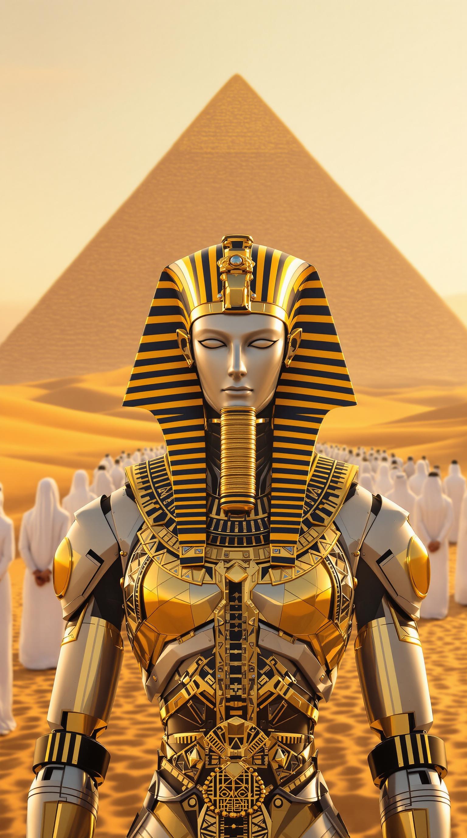 A breathtaking digital artwork depicting an ancient Egyptian desert landscape, blending historical grandeur with futuristic innovation. In the foreground, a striking humanoid robot stands as the central figure, its sleek metallic silver body intricately adorned with gold and black accents, dressed in an elaborate pharaonic costume. The robot's head is encased in a traditional Egyptian headdress, featuring a bold striped pattern and a shimmering golden beard, embodying a fusion of ancient royalty and cutting-edge technology. The robot's surface reflects subtle highlights, emphasizing its polished, futuristic texture under the warm desert light.

In the background, a solemn procession of figures in flowing white robes and head coverings stands in a neat line, facing away from the viewer, their hands clasped in front of them in a gesture of reverence. Their uniformity and posture evoke a deep sense of ceremony and spiritual weight. Beyond them, a majestic pyramid rises from the sandy horizon, its smooth-sided structure and pointed apex a testament to ancient Egyptian architectural precision, bathed in the soft glow of the surrounding desert.

The scene is set against a vast, arid desert expanse, with rolling dunes of golden sand stretching into the distance, their textures finely detailed under the gentle illumination of a warm, soft yellow sky, suggesting the serene ambiance of sunrise or sunset. The color palette is dominated by earthy tones—rich golds, warm sands, and stark whites—creating a harmonious yet striking contrast between the robot's metallic sheen and the organic desert environment.

Rendered in a photorealistic yet fantastical style, the artwork combines historical accuracy in the costumes and architecture with a bold science fiction twist, achieved through a 3D rendering technique. The composition is cinematic, with the robot positioned prominently in the foreground, framed by a low camera angle that enhances its imposing presence. The procession and pyramid in the background add depth and narrative, guiding the viewer's eye through the layered scene.

The mood is one of awe and mystery, capturing the timeless grandeur of ancient Egypt while hinting at a futuristic enigma. The lighting is soft and diffused, casting delicate shadows across the dunes and highlighting the intricate details of the robot's costume, with a subtle interplay of warm highlights and cool metallic tones. This image is a masterful fusion of history and imagination, evoking a sense of reverence and wonder in a unified, visually stunning tableau.