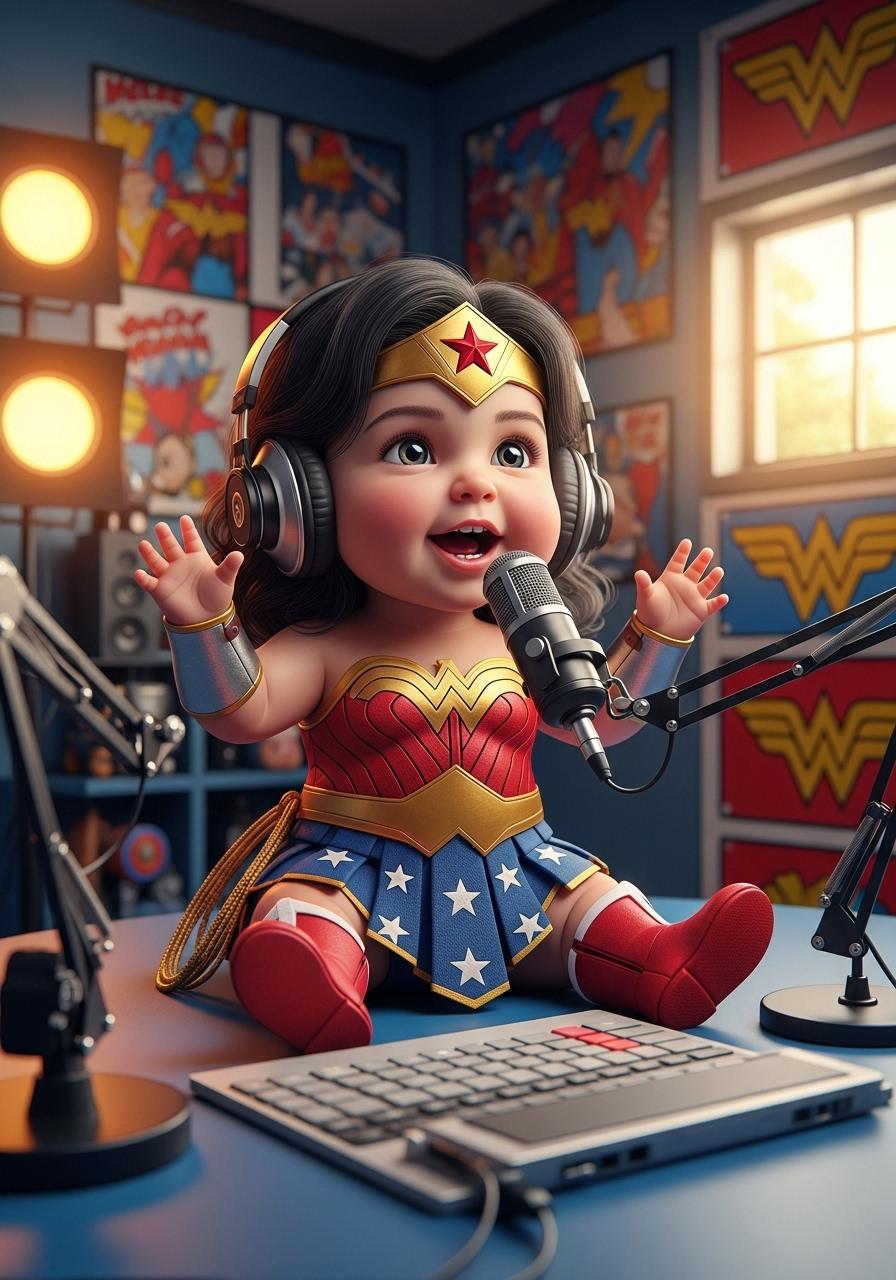 A whimsical and empowering scene of a baby Wonder Woman hosting a podcast, seated at a miniature podcasting setup with a tiny microphone and headphones adjusted to her small size. She wears an adorable, scaled-down version of the iconic Wonder Woman costume, complete with a red and gold bodice, blue starry skirt, tiara, and tiny red boots, all crafted with intricate detailing and a soft, fabric-like texture. Her expression is animated and confident, with big, bright eyes and a playful smile as she speaks passionately into the microphone. The podcast studio background is vibrant and child-friendly, featuring colorful walls with comic book-style artwork and Wonder Woman logos, softly lit by warm, inviting studio lights. The composition focuses on the baby at the center, captured from a slightly low angle to emphasize her heroic presence, with the podcast equipment and background slightly blurred for depth of field. The artistic style is a blend of comic book illustration and hyper-realistic digital art, with bold outlines and vivid colors reminiscent of DC Comics. The mood is cheerful and inspiring, evoking a sense of wonder and empowerment, set in a cozy indoor environment with a sunny afternoon glow streaming through a small window. Rendered with high detail, sharp focus on the baby’s features, and a cinematic quality to highlight the charm and uniqueness of the scene.