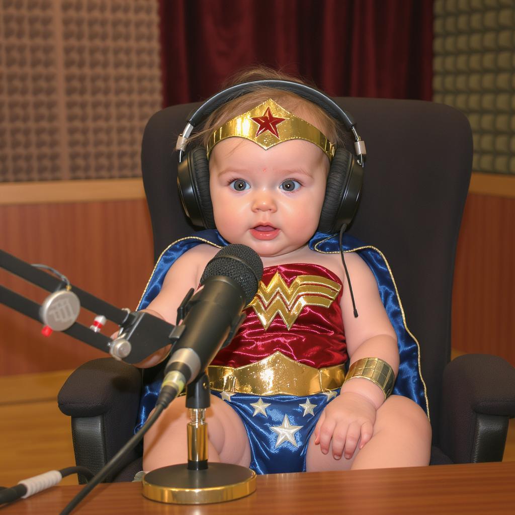 a baby wonder woman talking on a pod cast in a studio.