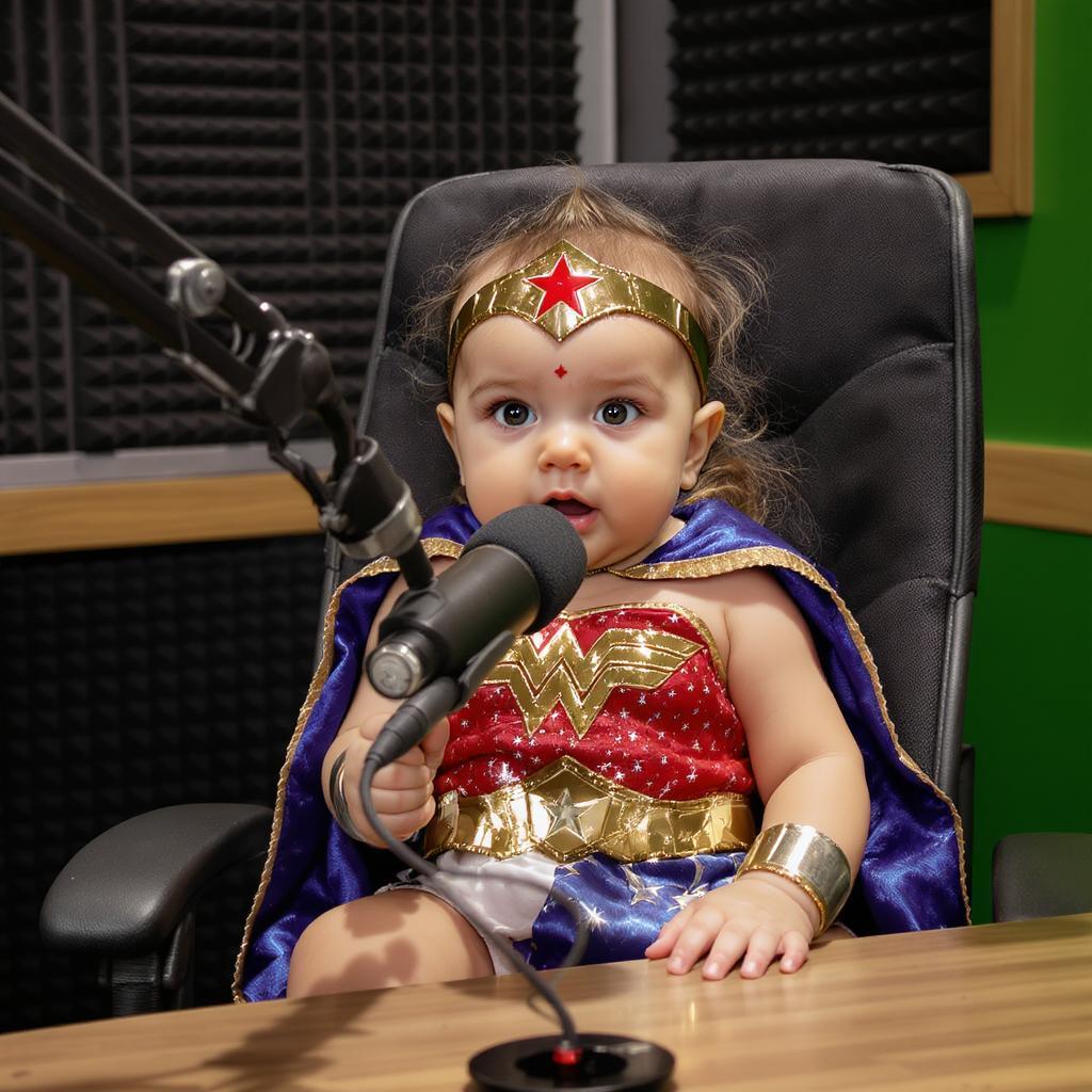 a baby wonder woman talking on a pod cast in a studio.