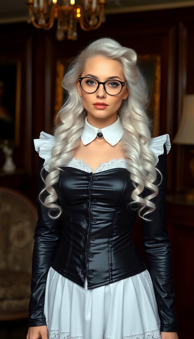 a striking 19-year-old woman as the central figure wearing slim round framed glasses. She has long, flowing white hair styled in ringlets and waves. Clad in a shiny black latex victorian maid's uniform with lace and petticoats. And a shiny black latex corset. Standing in a victorian parlour