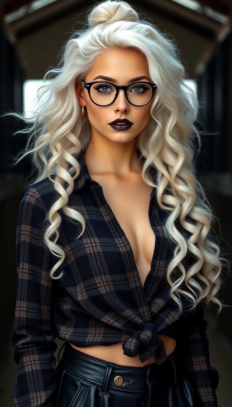 A breathtaking portrait of a striking 19-year-old woman, the central figure exuding an air of sharp intellect and commanding elegance. She wears slim, round-framed glasses that frame her piercing, intelligent gaze with precision. Her lips are painted shiny black. Her long, flowing white hair is styled in a mesmerizing cascade of elegant ringlets and soft waves, spilling from a small bun, with strands catching the light to reveal a silky, luminous sheen. Black leather trousers, plaid shirt tied up under her generous cleavage. Revealing her midriff. Standing in stables