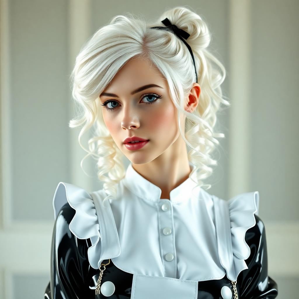 19 year old, stark white hair hangs from a small bun in ringlets and curls. Dressed in a shiny latex French maid's uniform 