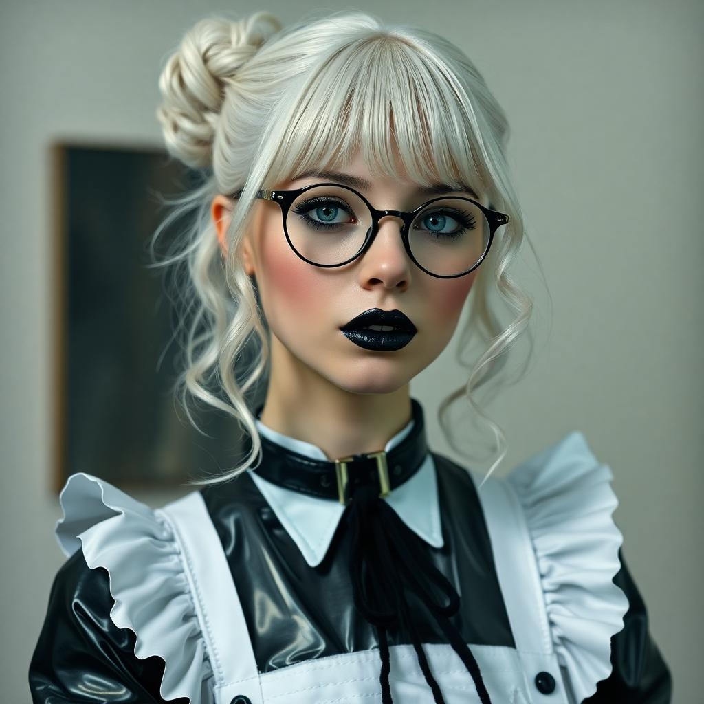 19 year old, stark white hair hangs from a small bun in ringlets and curls. Wearing slim round wire framed glasses. Dressed in a shiny latex French maid's uniform. Around her neck is a black leather collar. Dark goth makeup.  Shiny black painted lips