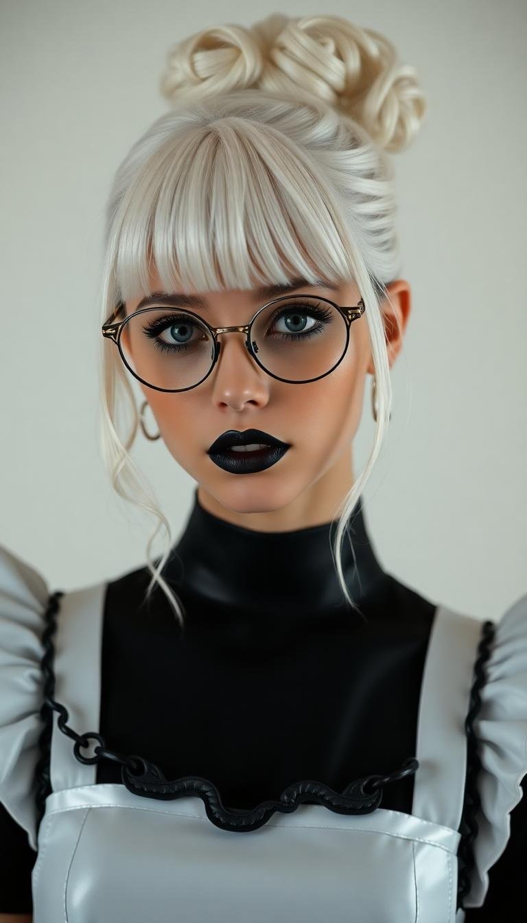 19 year old, stark white hair hangs from a small bun in ringlets and curls. Wearing slim round wire framed glasses. Dressed in a shiny latex French maid's uniform. Around her neck is a black leather collar. Dark goth makeup.  Shiny black painted lips