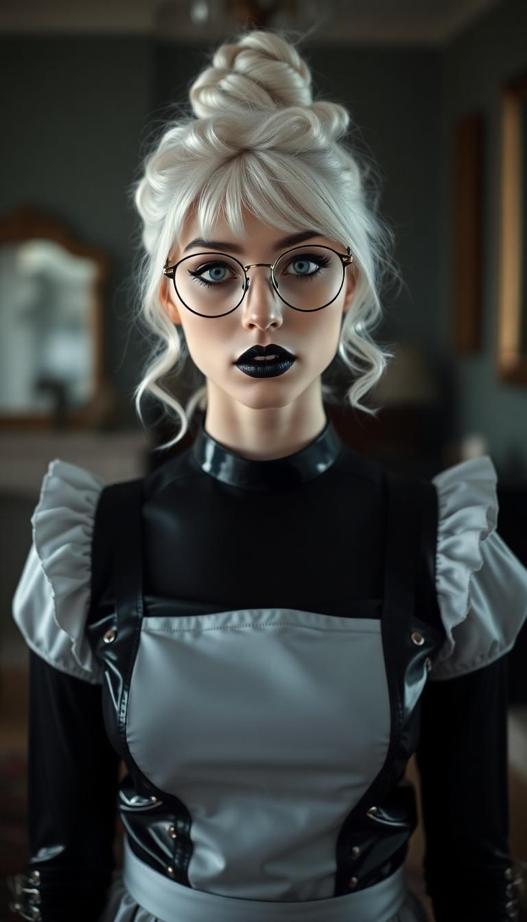 19 year old, stark white hair hangs from a small bun in ringlets and curls. Wearing slim round wire framed glasses. Dressed in a shiny latex French maid's uniform. Around her neck is a black leather collar. Dark goth makeup.  Shiny black painted lips. Standing in a parlour