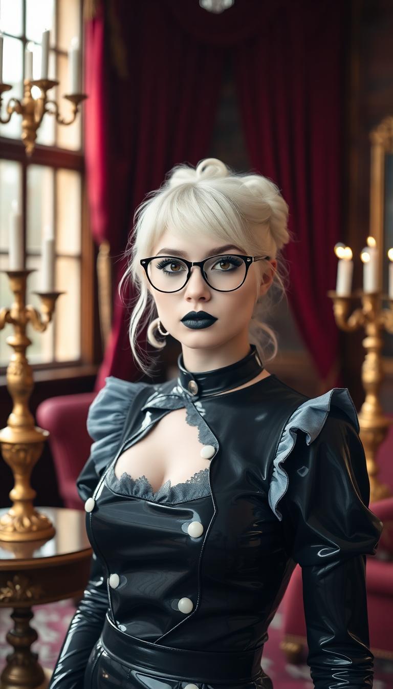 A striking 19-year-old with stark white hair cascading in delicate ringlets and curls from a small, neatly tied bun, framing her face with an ethereal elegance. She wears slim, round, wire-framed glasses that accentuate her piercing amber eyes, which seem to glow with an enigmatic intensity. Her attire is a glossy, shiny latex French maid's uniform, hugging her form with a sleek, reflective sheen that catches the light. A black leather collar encircles her neck, adding a bold, rebellious edge to her look. Her dark goth makeup is meticulously applied, with dramatic smoky eyes and flawless, shiny black painted lips that contrast sharply against her pale complexion. She stands confidently in an opulent Victorian parlour, surrounded by rich mahogany furniture, ornate golden candelabras, and heavy crimson drapes. The composition focuses on her as the central figure, captured from a slightly low angle to emphasize her commanding presence, with soft, diffused lighting casting subtle shadows across the room. The mood is dark and mysterious, with a late evening ambiance, faint candlelight flickering in the background, creating an atmosphere of gothic allure and intrigue. Rendered in a hyper-realistic style with a focus on intricate textures—glossy latex, soft hair curls, and the velvety depth of the parlour's decor—evoking the dramatic tension of a cinematic portrait.