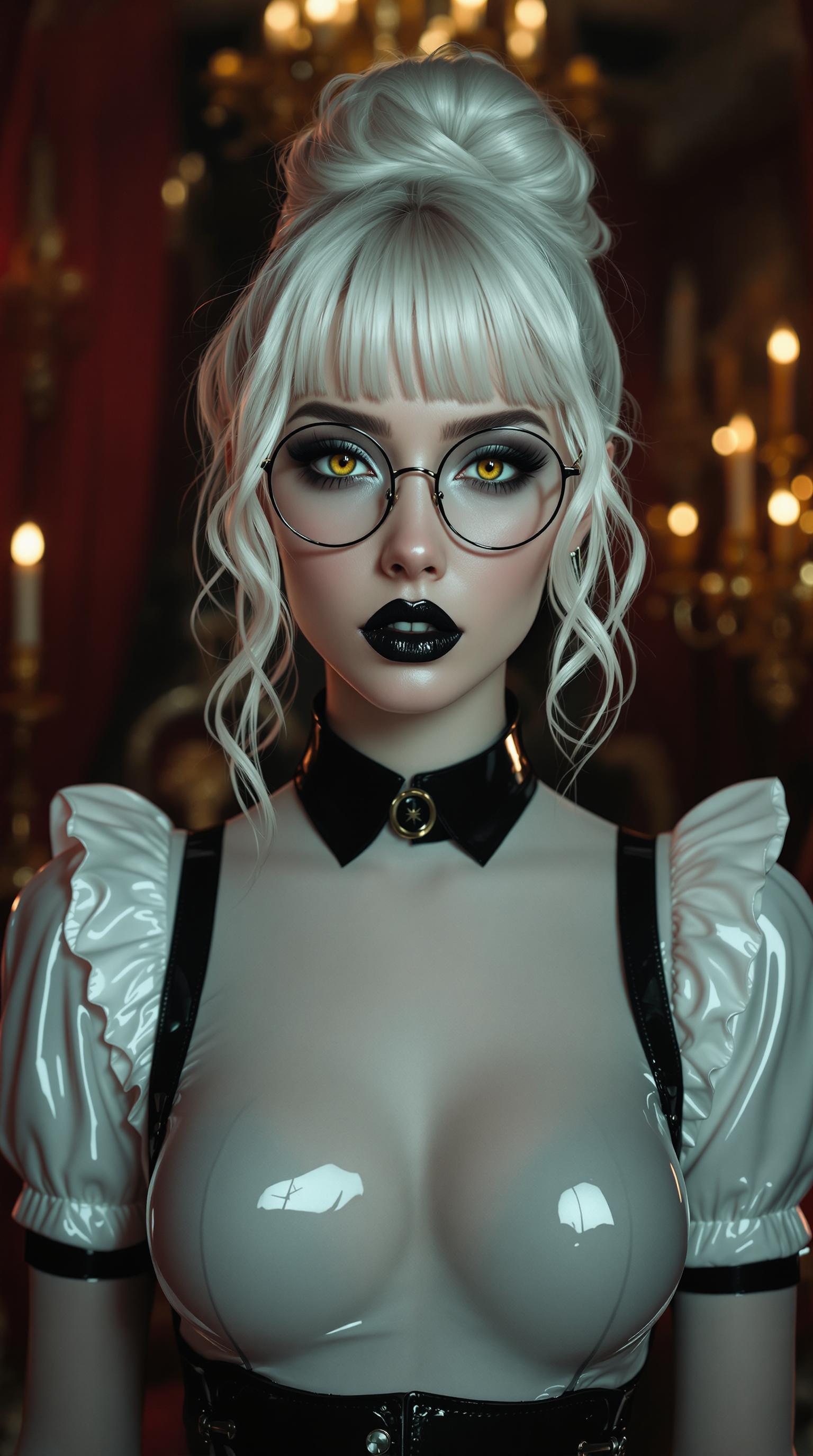 A striking 19-year-old with stark white hair cascading in delicate ringlets and curls from a small, neatly tied bun, framing her face with an ethereal elegance. She wears slim, round, wire-framed glasses that accentuate her piercing amber eyes, which seem to glow with an enigmatic intensity. Her attire is a glossy, shiny latex French maid's uniform, hugging her form with a sleek, reflective sheen that catches the light. A black leather collar encircles her neck, adding a bold, rebellious edge to her look. Her dark goth makeup is meticulously applied, with dramatic smoky eyes and flawless, shiny black painted lips that contrast sharply against her pale complexion. She stands confidently in an opulent Victorian parlour, surrounded by rich mahogany furniture, ornate golden candelabras, and heavy crimson drapes. The composition focuses on her as the central figure, captured from a slightly low angle to emphasize her commanding presence, with soft, diffused lighting casting subtle shadows across the room. The mood is dark and mysterious, with a late evening ambiance, faint candlelight flickering in the background, creating an atmosphere of gothic allure and intrigue. Rendered in a hyper-realistic style with a focus on intricate textures—glossy latex, soft hair curls, and the velvety depth of the parlour's decor—evoking the dramatic tension of a cinematic portrait.