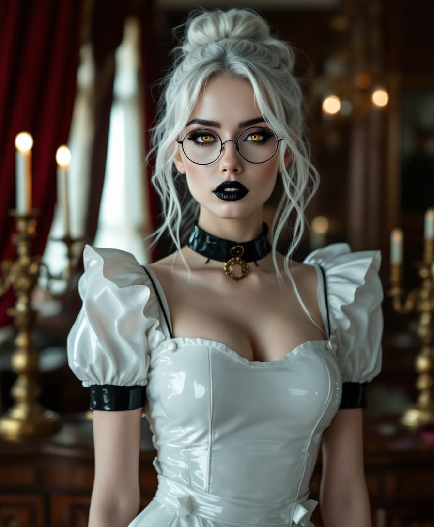 A striking 19-year-old with stark white hair cascading in delicate ringlets and curls from a small, neatly tied bun, framing her face with an ethereal elegance. She wears slim, round, wire-framed glasses that accentuate her piercing amber eyes, which seem to glow with an enigmatic intensity. Her attire is a glossy, shiny latex French maid's uniform, hugging her form with a sleek, reflective sheen that catches the light. A black leather collar encircles her neck, adding a bold, rebellious edge to her look. Her dark goth makeup is meticulously applied, with dramatic smoky eyes and flawless, shiny black painted lips that contrast sharply against her pale complexion. She stands confidently in an opulent Victorian parlour, surrounded by rich mahogany furniture, ornate golden candelabras, and heavy crimson drapes. The composition focuses on her as the central figure, captured from a slightly low angle to emphasize her commanding presence, with soft, diffused lighting casting subtle shadows across the room. The mood is dark and mysterious, with a late evening ambiance, faint candlelight flickering in the background, creating an atmosphere of gothic allure and intrigue. Rendered in a hyper-realistic style with a focus on intricate textures—glossy latex, soft hair curls, and the velvety depth of the parlour's decor—evoking the dramatic tension of a cinematic picture