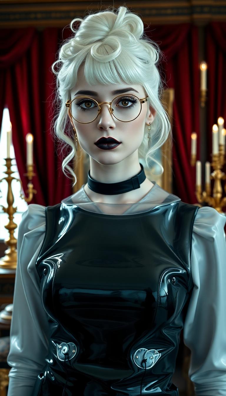 A striking 19-year-old with stark white hair cascading in delicate ringlets and curls from a small, neatly tied bun, framing her face with an ethereal elegance. She wears slim, round, wire-framed glasses that accentuate her piercing amber eyes, which seem to glow with an enigmatic intensity. Her attire is a glossy, shiny latex French maid's uniform, hugging her form with a sleek, reflective sheen that catches the light. A black leather collar encircles her neck, adding a bold, rebellious edge to her look. Her dark goth makeup is meticulously applied, with dramatic smoky eyes and flawless, shiny black painted lips that contrast sharply against her pale complexion. She stands confidently in an opulent Victorian parlour, surrounded by rich mahogany furniture, ornate golden candelabras, and heavy crimson drapes. The composition focuses on her as the central figure, captured from a slightly low angle to emphasize her commanding presence, with soft, diffused lighting casting subtle shadows across the room. The mood is dark and mysterious, with a late evening ambiance, faint candlelight flickering in the background, creating an atmosphere of gothic allure and intrigue. Rendered in a hyper-realistic style with a focus on intricate textures—glossy latex, soft hair curls, and the velvety depth of the parlour's decor—evoking the dramatic tension of a cinematic picture