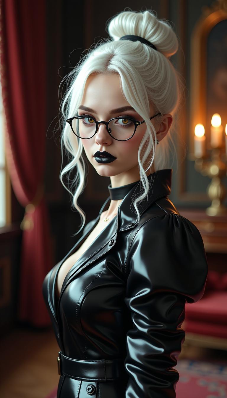 A striking 19-year-old with stark white hair cascading in delicate ringlets and curls from a small, neatly tied bun, framing her face with an ethereal elegance. She wears slim, round, wire-framed glasses that accentuate her piercing amber eyes, which seem to glow with an enigmatic intensity. Her attire is a glossy, shiny latex French maid's uniform, hugging her form with a sleek, reflective sheen that catches the light. A black leather collar encircles her neck, adding a bold, rebellious edge to her look. Her dark goth makeup is meticulously applied, with dramatic smoky eyes and flawless, shiny black painted lips that contrast sharply against her pale complexion. She stands confidently in an opulent Victorian parlour, surrounded by rich mahogany furniture, ornate golden candelabras, and heavy crimson drapes. The composition focuses on her as the central figure, captured from a slightly low angle to emphasize her commanding presence, with soft, diffused lighting casting subtle shadows across the room. The mood is dark and mysterious, with a late evening ambiance, faint candlelight flickering in the background, creating an atmosphere of gothic allure and intrigue. Rendered in a hyper-realistic style with a focus on intricate textures—glossy latex, soft hair curls, and the velvety depth of the parlour's decor—evoking the dramatic tension of a cinematic picture