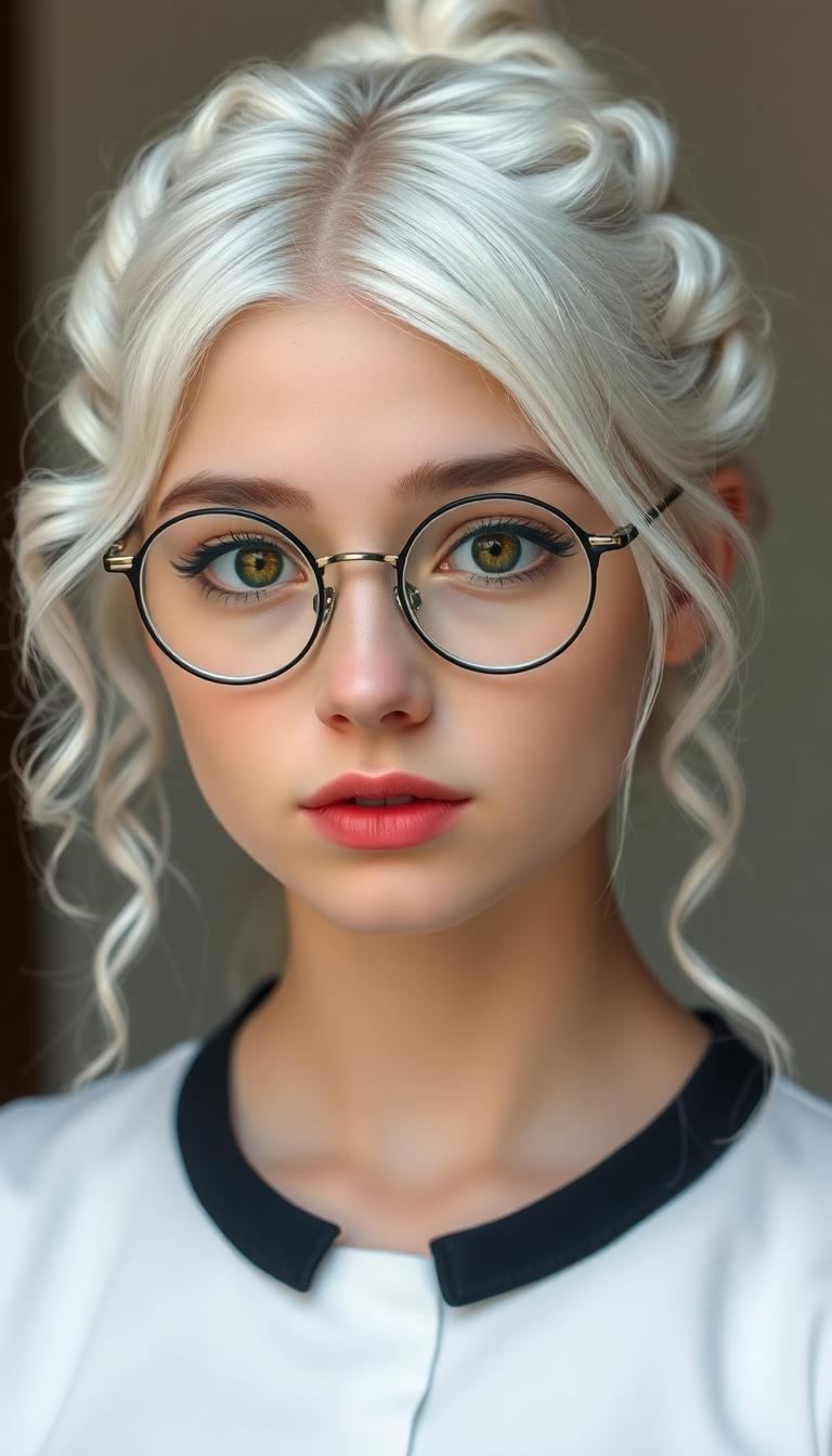 A striking 19-year-old with stark white hair cascading in delicate ringlets and curls from a small, neatly tied bun, framing her face with an ethereal elegance. She wears slim, round, wire-framed glasses that accentuate her piercing amber eyes, which seem to glow with an enigmatic intensity. Her attire is a catholic school girl's uniform