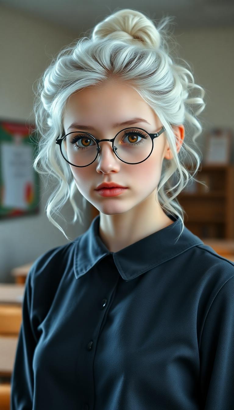 A striking 19-year-old with stark white hair cascading in delicate ringlets and curls from a small, neatly tied bun, framing her face with an ethereal elegance. She wears slim, round, wire-framed glasses that accentuate her piercing amber eyes, which seem to glow with an enigmatic intensity. Her attire is a catholic school girl's uniform. Standing in a college classroom. Full body picture
