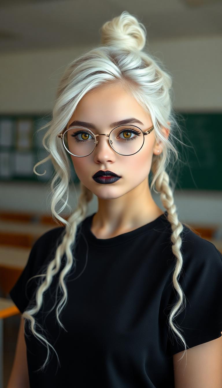 A striking 19-year-old with stark white hair cascading in delicate ringlets and curls from a small, neatly tied bun, framing her face with an ethereal elegance. She wears slim, round, wire-framed glasses that accentuate her piercing amber eyes, which seem to glow with an enigmatic intensity. Shiny Black painted Lips. Her attire is a catholic school girl's uniform. Standing in a college classroom. Full body picture
