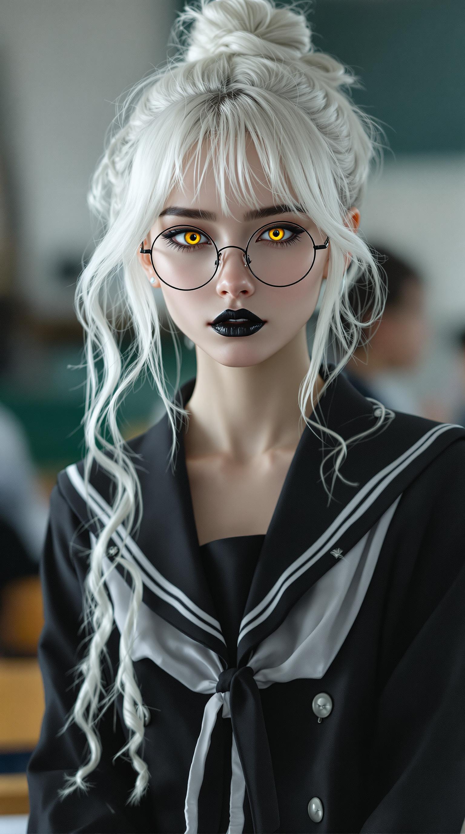 A striking 19-year-old with stark white hair cascading in delicate ringlets and curls from a small, neatly tied bun, framing her face with an ethereal elegance. Pale goth. Heavy makeup. She wears slim, round, wire-framed glasses that accentuate her piercing amber eyes, which seem to glow with an enigmatic intensity. Shiny Black painted Lips. Her attire is a Japanese  college uniform. Standing in a college classroom. Full body picture
