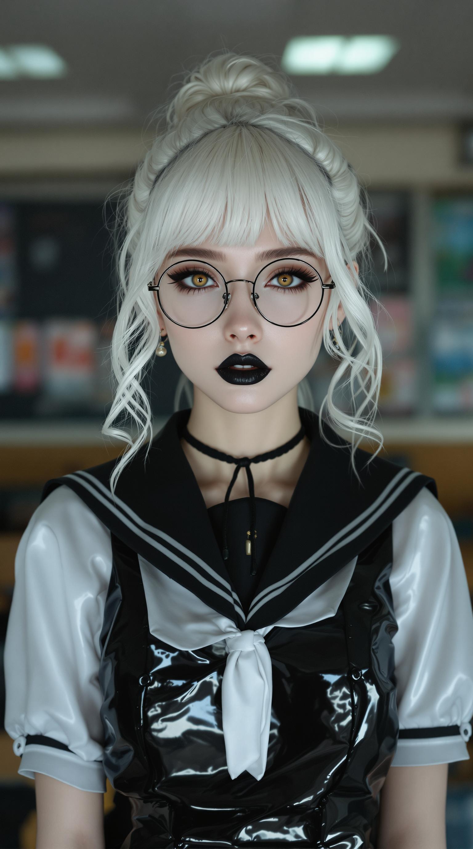 A striking 19-year-old with stark white hair cascading in delicate ringlets and curls from a small, neatly tied bun, framing her face with an ethereal elegance. Pale goth. Heavy makeup. She wears slim, round, wire-framed glasses that accentuate her piercing amber eyes, which seem to glow with an enigmatic intensity. Shiny Black painted Lips. Her attire is a shiny latex Japanese  college uniform. Standing in a college classroom. Full body picture
