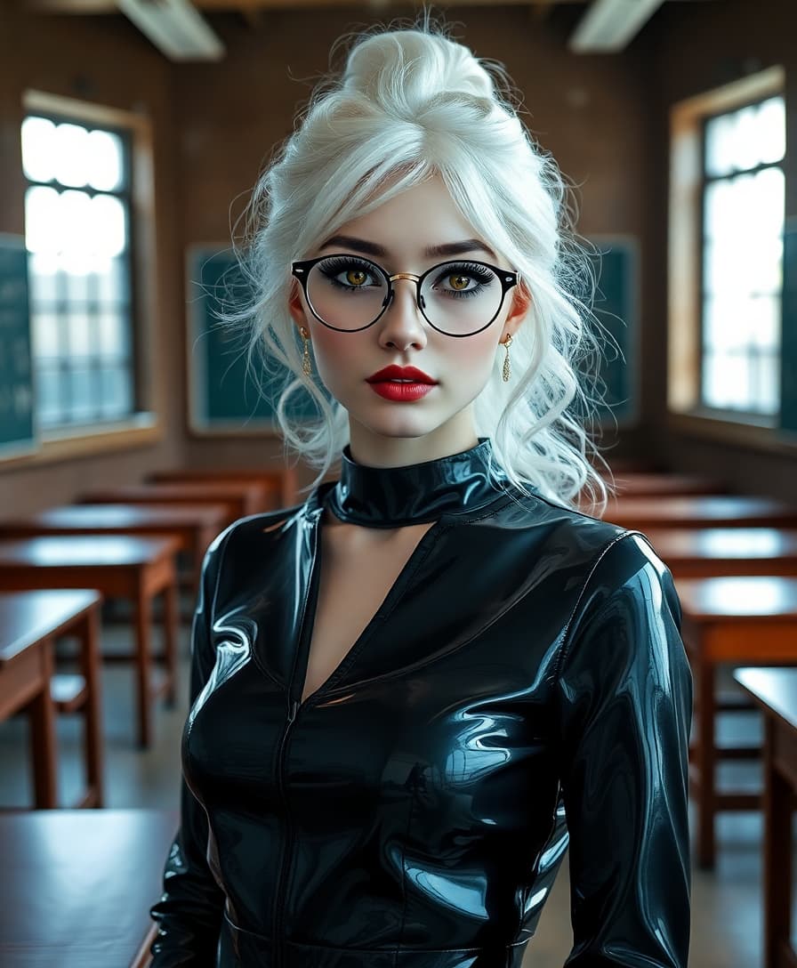 A striking 19-year-old woman with stark white hair cascading in delicate, intricate ringlets and curls, flowing from a small, neatly tied bun at the crown of her head, framing her face with an ethereal, otherworldly elegance. Her pale, porcelain skin contrasts sharply with her heavy, gothic makeup: dark, smoky eyeshadow and thick eyeliner that highlight her piercing amber eyes, which glow with an enigmatic, almost supernatural intensity. Her lips are painted a glossy, shiny black, adding a bold, dramatic edge to her look. She wears slim, round, wire-framed glasses that perch delicately on her nose, accentuating her captivating gaze. Her attire is a sleek, shiny latex Japanese college uniform, form-fitting and reflective, with sharp pleats and a polished finish that catches the light. She stands confidently in a traditional college classroom, surrounded by wooden desks and chalkboards adorned with faint traces of equations, the setting bathed in soft, diffused natural light streaming through large windows. The composition is a full-body portrait, captured from a slight low angle to emphasize her commanding presence, with her positioned centrally in the frame, one hand resting lightly on a desk. The mood is haunting yet alluring, with a cool, overcast afternoon atmosphere, subtle shadows playing across the room, evoking a sense of mystery and quiet rebellion. The style is a blend of dark gothic aesthetic and high-fashion editorial photography, with hyper-detailed textures in her hair, makeup, and outfit, rendered in a cinematic, high-contrast finish with a focus on sharp clarity and dramatic lighting.