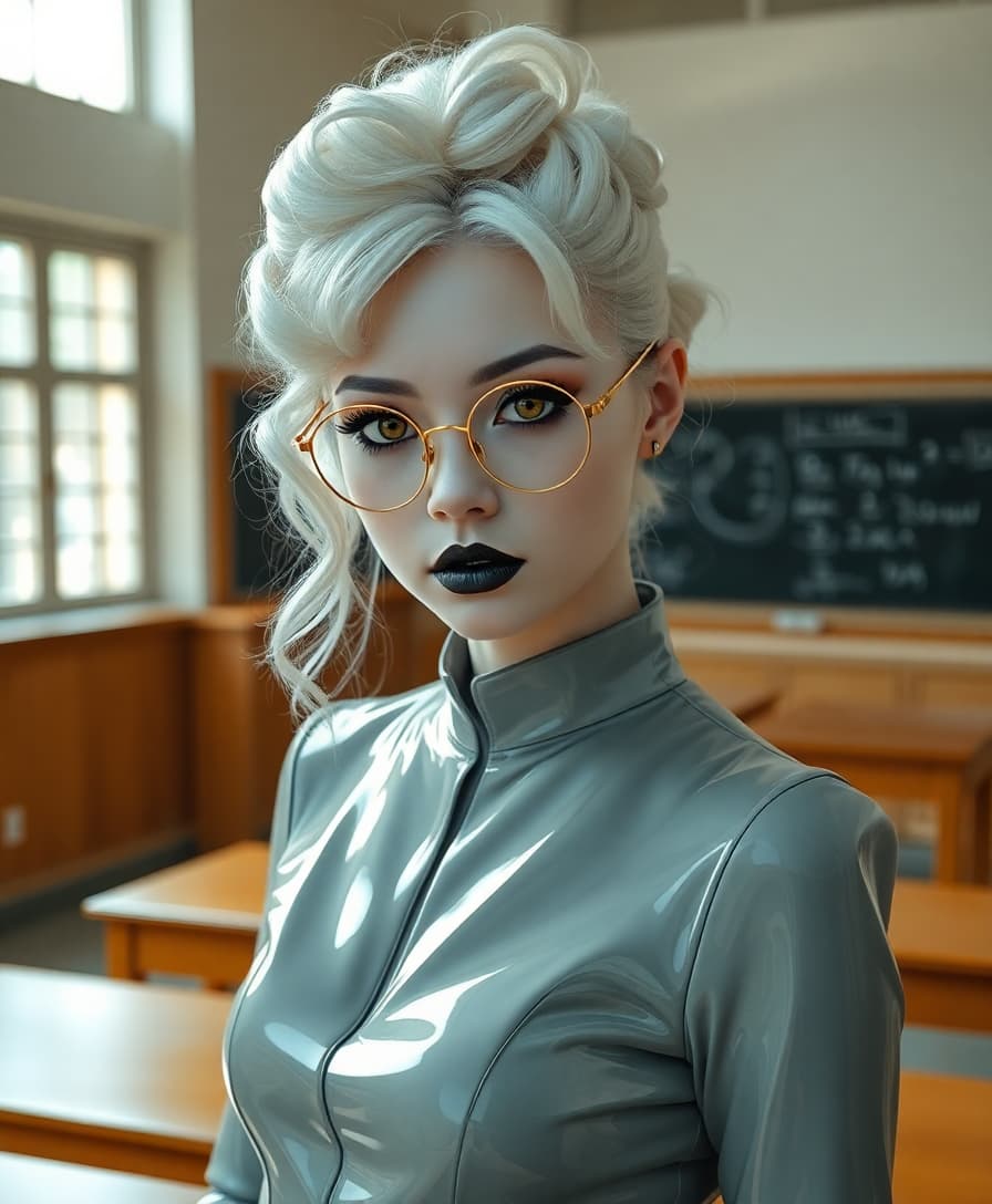 A striking 19-year-old woman with stark white hair cascading in delicate, intricate ringlets and curls, flowing from a small, neatly tied bun at the crown of her head, framing her face with an ethereal, otherworldly elegance. Her pale, porcelain skin contrasts sharply with her heavy, gothic makeup: dark, smoky eyeshadow and thick eyeliner that highlight her piercing amber eyes, which glow with an enigmatic, almost supernatural intensity. Her lips are painted a glossy, shiny black, adding a bold, dramatic edge to her look. She wears slim, round, wire-framed glasses that perch delicately on her nose, accentuating her captivating gaze. Her attire is a sleek, shiny latex Japanese college uniform, form-fitting and reflective, with sharp pleats and a polished finish that catches the light. She stands confidently in a traditional college classroom, surrounded by wooden desks and chalkboards adorned with faint traces of equations, the setting bathed in soft, diffused natural light streaming through large windows. The composition is a full-body portrait, captured from a slight low angle to emphasize her commanding presence, with her positioned centrally in the frame, one hand resting lightly on a desk. The mood is haunting yet alluring, with a cool, overcast afternoon atmosphere, subtle shadows playing across the room, evoking a sense of mystery and quiet rebellion. The style is a blend of dark gothic aesthetic and high-fashion editorial photography, with hyper-detailed textures in her hair, makeup, and outfit, rendered in a cinematic, high-contrast finish with a focus on sharp clarity and dramatic lighting.