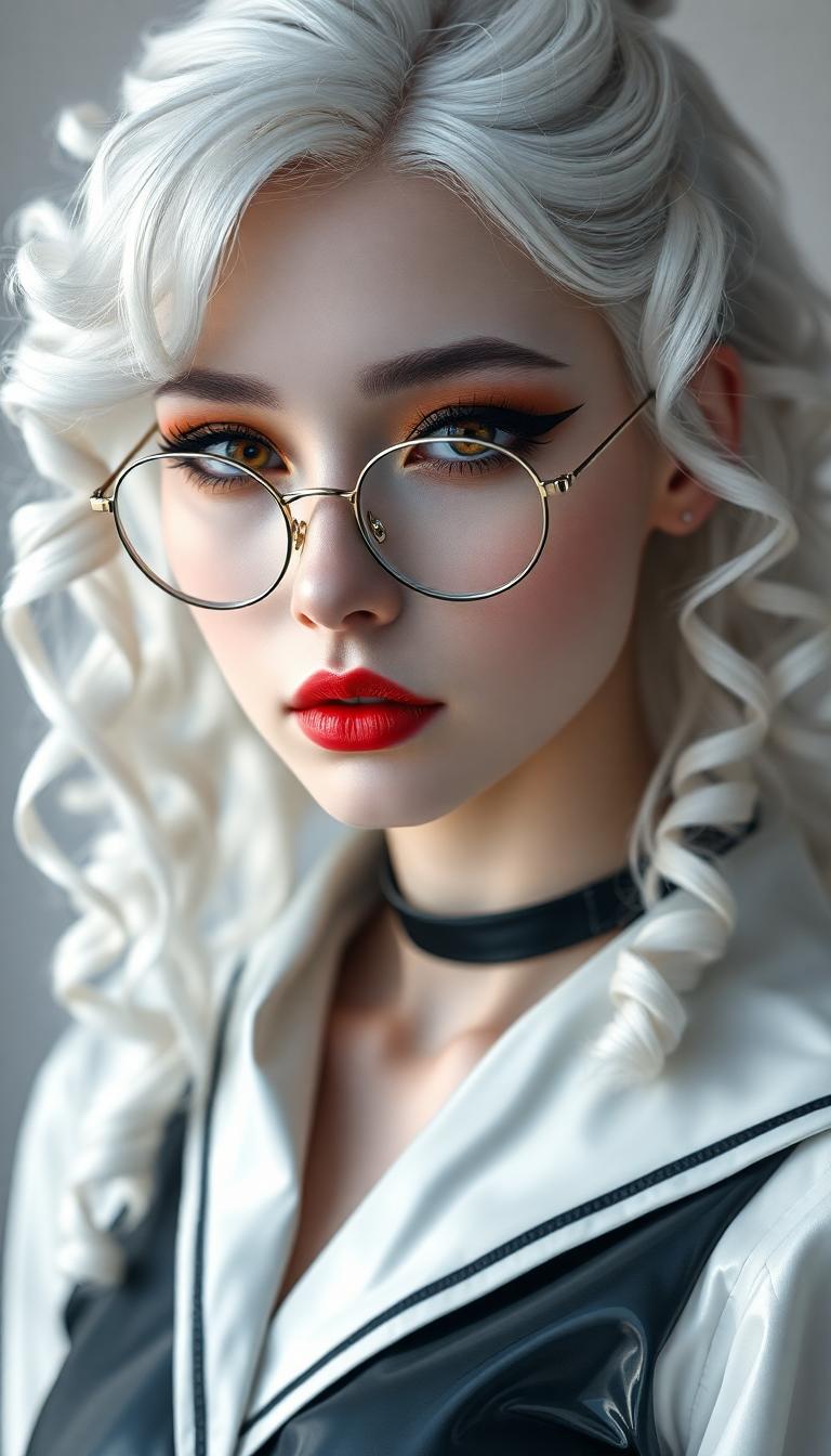 A breathtaking portrait of a 19-year-old woman with an ethereal, otherworldly presence, her stark white hair cascading in delicate, intricate ringlets and curls, flowing from a small, neatly tied bun at the crown of her head, framing her face with an angelic yet haunting elegance. Her pale, porcelain skin glows with a soft, luminescent sheen, contrasting vividly with her bold gothic makeup: dark, smoky eyeshadow seamlessly blended into thick, dramatic winged eyeliner that sharpens the piercing intensity of her amber eyes, which shimmer with a supernatural, enigmatic depth. Her lips, coated in glossy, shiny black, catch subtle highlights, adding a striking, rebellious edge to her captivating visage. Slim, round, wire-framed glasses rest delicately on her nose, their thin metal glinting faintly in the light, amplifying the allure of her gaze. She wears a sleek, shiny latex Japanese school uniform, the form-fitting fabric reflecting sharp, mirror-like highlights, with crisp, meticulously pleated details that emphasize its polished, futuristic texture. She stands with commanding poise in a traditional college classroom, surrounded by aged wooden desks etched with faint scratches and worn edges, and chalkboards bearing ghostly traces of complex equations. Soft, diffused natural light pours through large, arched windows, casting gentle beams and subtle shadows across the scene, creating a serene yet eerie atmosphere. The composition is a full-body portrait, captured from a slight low angle to accentuate her statuesque, powerful presence, with her positioned centrally in the frame, one hand resting lightly on a desk, fingers slightly splayed to convey quiet strength and confidence. The mood is haunting yet alluring, set during a cool, overcast afternoon, bathed in muted, silvery light that enhances the mysterious, rebellious undertone of the image. The style fuses a dark gothic aesthetic with high-fashion editorial photography, showcasing hyper-detailed textures in her cascading hair, intricate makeup, and reflective outfit, rendered in a cinematic, high-contrast finish with razor-sharp clarity, dramatic chiaroscuro lighting, and a shallow depth of field that isolates her in pristine focus against a softly blurred, atmospheric background.