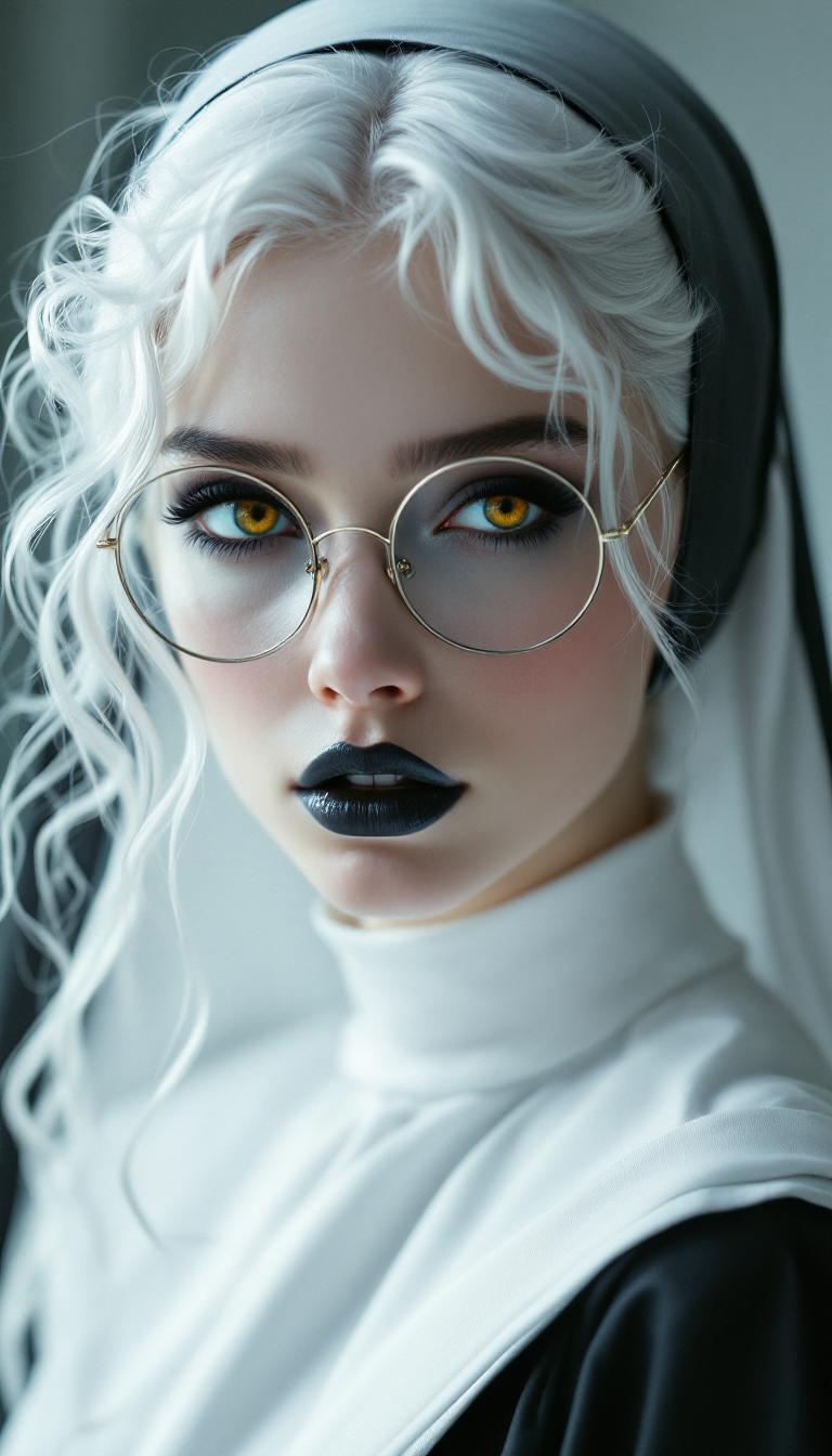 A breathtaking portrait of a 29-year-old woman with an ethereal, otherworldly presence, her stark white hair cascading in delicate, intricate ringlets and curls, flowing from a small, neatly tied bun at the crown of her head, framing her face with an angelic yet haunting elegance. Her pale, porcelain skin glows with a soft, luminescent sheen, contrasting vividly with her bold gothic makeup: dark, smoky eyeshadow seamlessly blended into thick, dramatic winged eyeliner that sharpens the piercing intensity of her amber eyes, which shimmer with a supernatural, enigmatic depth. Her lips, coated in glossy, shiny black, catch subtle highlights, adding a striking, rebellious edge to her captivating visage. Slim, round, wire-framed glasses rest delicately on her nose, their thin metal glinting faintly in the light, amplifying the allure of her gaze. She wears a sleek, shiny latex nun uniform, the form-fitting fabric reflecting sharp, mirror-like highlights, with crisp, meticulously pleated details that emphasize its polished, futuristic texture. She stands with commanding poise in a traditional college classroom, surrounded by aged wooden desks etched with faint scratches and worn edges, and chalkboards bearing ghostly traces of complex equations. Soft, diffused natural light pours through large, arched windows, casting gentle beams and subtle shadows across the scene, creating a serene yet eerie atmosphere. The composition is a full-body portrait, captured from a slight low angle to accentuate her statuesque, powerful presence, with her positioned centrally in the frame, one hand resting lightly on a desk, fingers slightly splayed to convey quiet strength and confidence. The mood is haunting yet alluring, set during a cool, overcast afternoon, bathed in muted, silvery light that enhances the mysterious, rebellious undertone of the image. The style fuses a dark gothic aesthetic with high-fashion editorial photography, showcasing hyper-detailed textures in her cascading hair, intricate makeup, and reflective outfit, rendered in a cinematic, high-contrast finish with razor-sharp clarity, dramatic chiaroscuro lighting, and a shallow depth of field that isolates her in pristine focus against a softly blurred, atmospheric background.