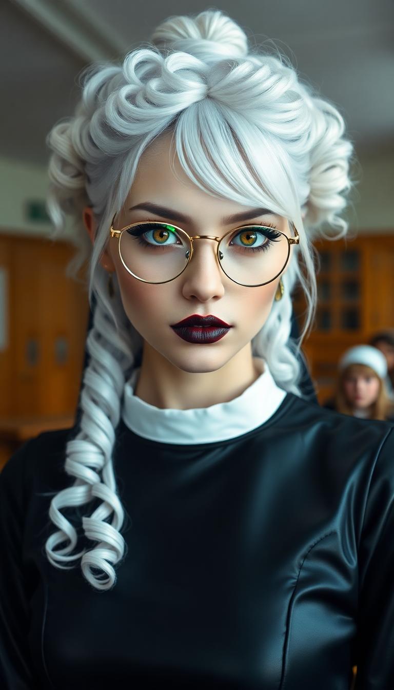 A breathtaking full-body portrait of a 29-year-old woman exuding an ethereal, otherworldly presence, captured in a traditional college classroom. Her stark white hair cascades in delicate, intricate ringlets and curls, flowing from a small, neatly tied bun at the crown of her head, framing her face with an angelic yet haunting elegance, each strand rendered with hyper-detailed texture. Her pale, porcelain skin glows with a soft, luminescent sheen, contrasting vividly with bold gothic makeup: dark, smoky eyeshadow seamlessly blended into thick, dramatic winged eyeliner that sharpens the piercing intensity of her amber eyes, shimmering with supernatural, enigmatic depth. Her glossy, shiny black lips catch subtle highlights, adding a striking, rebellious edge. Slim, round, wire-framed glasses rest delicately on her nose, their thin metal glinting faintly, amplifying the allure of her gaze. She wears a sleek, shiny latex nun uniform, the form-fitting fabric reflecting sharp, mirror-like highlights, with crisp, meticulously pleated details emphasizing its polished, futuristic texture. Surrounding her are aged wooden desks etched with faint scratches and worn edges, and chalkboards bearing ghostly traces of complex equations, grounding the scene in a nostalgic yet eerie setting. Soft, diffused natural light pours through large, arched windows, casting gentle beams and subtle shadows, creating a serene yet haunting atmosphere on a cool, overcast afternoon. The composition is framed from a slight low angle, accentuating her statuesque, powerful presence as she stands centrally, one hand resting lightly on a desk, fingers slightly splayed to convey quiet strength and confidence. The mood blends haunting allure with rebellious mystery, bathed in muted, silvery light that enhances the cinematic tension. The style fuses dark gothic aesthetic with high-fashion editorial photography, showcasing hyper-detailed textures in her cascading hair, intricate makeup, and reflective outfit, rendered in a high-contrast finish with razor-sharp clarity, dramatic chiaroscuro lighting, and a shallow depth of field that isolates her in pristine focus against a softly blurred, atmospheric background.