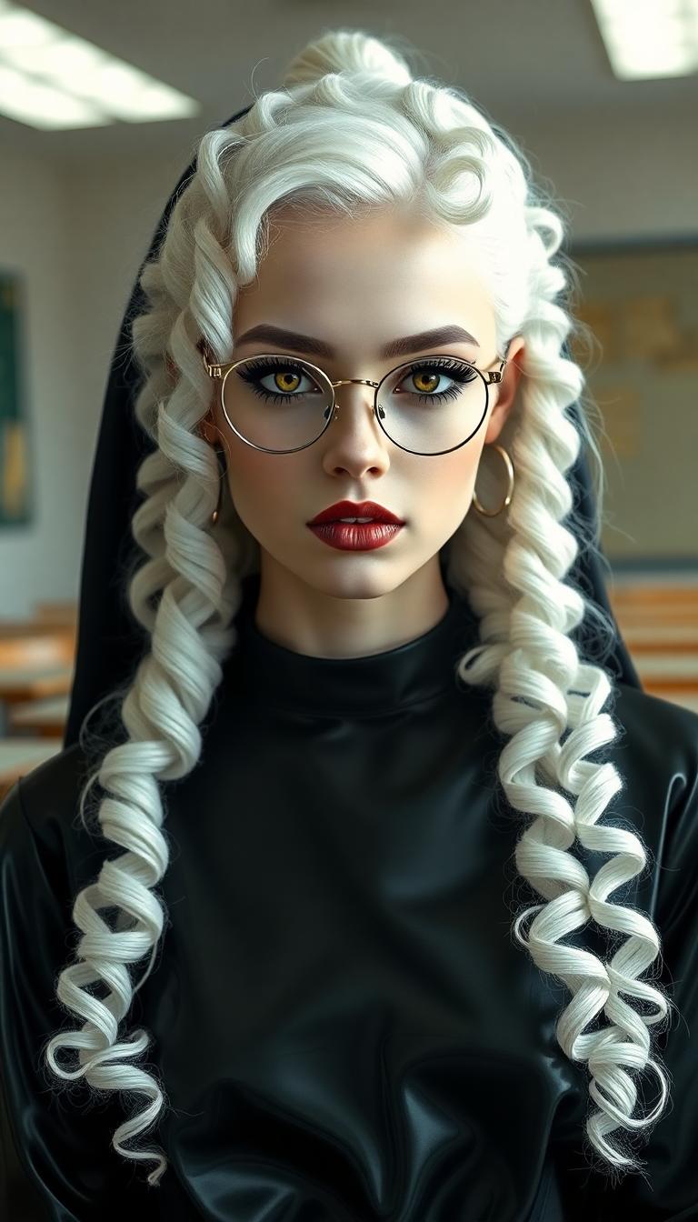 A breathtaking full-body portrait of a 29-year-old woman exuding an ethereal, otherworldly presence, captured in a traditional college classroom. Her stark white hair cascades in delicate, intricate ringlets and curls, flowing from a small, neatly tied bun at the crown of her head, framing her face with an angelic yet haunting elegance, each strand rendered with hyper-detailed texture. Her pale, porcelain skin glows with a soft, luminescent sheen, contrasting vividly with bold gothic makeup: dark, smoky eyeshadow seamlessly blended into thick, dramatic winged eyeliner that sharpens the piercing intensity of her amber eyes, shimmering with supernatural, enigmatic depth. Her glossy, shiny black lips catch subtle highlights, adding a striking, rebellious edge. Slim, round, wire-framed glasses rest delicately on her nose, their thin metal glinting faintly, amplifying the allure of her gaze. She wears a sleek, shiny latex nun's habit, the form-fitting fabric reflecting sharp, mirror-like highlights, with crisp, meticulously pleated details emphasizing its polished, futuristic texture. Surrounding her are aged wooden desks etched with faint scratches and worn edges, and chalkboards bearing ghostly traces of complex equations, grounding the scene in a nostalgic yet eerie setting. Soft, diffused natural light pours through large, arched windows, casting gentle beams and subtle shadows, creating a serene yet haunting atmosphere on a cool, overcast afternoon. The composition is framed from a slight low angle, accentuating her statuesque, powerful presence as she stands centrally, one hand resting lightly on a desk, fingers slightly splayed to convey quiet strength and confidence. The mood blends haunting allure with rebellious mystery, bathed in muted, silvery light that enhances the cinematic tension. The style fuses dark gothic aesthetic with high-fashion editorial photography, showcasing hyper-detailed textures in her cascading hair, intricate makeup, and reflective outfit, rendered in a high-contrast finish with razor-sharp clarity, dramatic chiaroscuro lighting, and a shallow depth of field that isolates her in pristine focus against a softly blurred, atmospheric background.