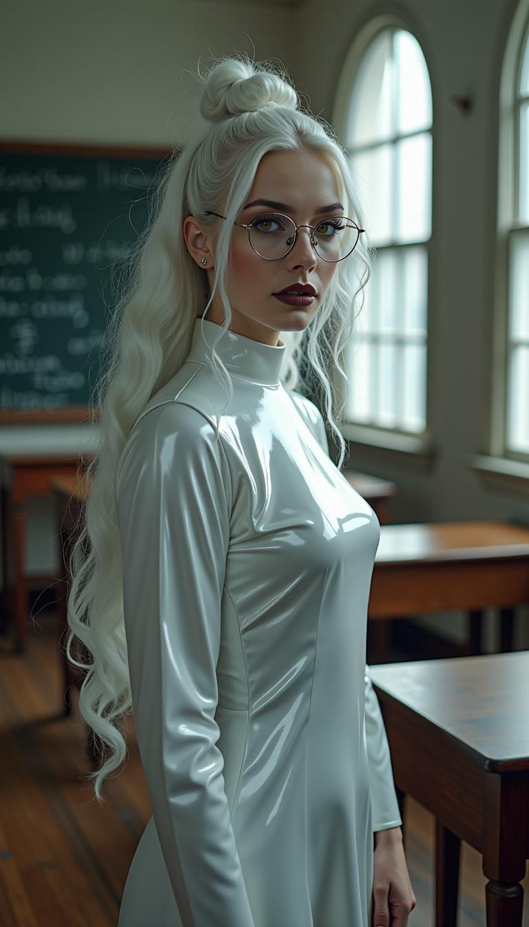 A breathtaking full-body portrait of a 29-year-old woman exuding an ethereal, otherworldly presence, captured in a traditional college classroom. Her stark white hair cascades in delicate, intricate ringlets and curls, flowing from a small, neatly tied bun at the crown of her head, framing her face with an angelic yet haunting elegance, each strand rendered with hyper-detailed texture. Her pale, porcelain skin glows with a soft, luminescent sheen, contrasting vividly with bold gothic makeup: dark, smoky eyeshadow seamlessly blended into thick, dramatic winged eyeliner that sharpens the piercing intensity of her amber eyes, shimmering with supernatural, enigmatic depth. Her glossy, shiny black lips catch subtle highlights, adding a striking, rebellious edge. Slim, round, wire-framed glasses rest delicately on her nose, their thin metal glinting faintly, amplifying the allure of her gaze. She wears a sleek, shiny latex nun's habit, the form-fitting fabric reflecting sharp, mirror-like highlights, with crisp, meticulously pleated details emphasizing its polished, futuristic texture. Surrounding her are aged wooden desks etched with faint scratches and worn edges, and chalkboards bearing ghostly traces of complex equations, grounding the scene in a nostalgic yet eerie setting. Soft, diffused natural light pours through large, arched windows, casting gentle beams and subtle shadows, creating a serene yet haunting atmosphere on a cool, overcast afternoon. The composition is framed from a slight low angle, accentuating her statuesque, powerful presence as she stands centrally, one hand resting lightly on a desk, fingers slightly splayed to convey quiet strength and confidence. The mood blends haunting allure with rebellious mystery, bathed in muted, silvery light that enhances the cinematic tension. The style fuses dark gothic aesthetic with high-fashion editorial photography, showcasing hyper-detailed textures in her cascading hair, intricate makeup, and reflective outfit, rendered in a high-contrast finish with razor-sharp clarity, dramatic chiaroscuro lighting, and a shallow depth of field that isolates her in pristine focus against a softly blurred, atmospheric background.