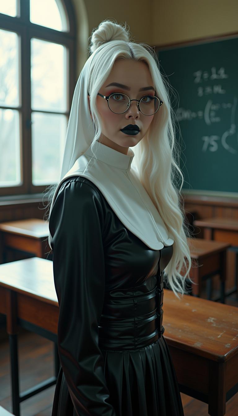A breathtaking full-body portrait of a 29-year-old woman exuding an ethereal, otherworldly presence, captured in a traditional college classroom. Her stark white hair cascades in delicate, intricate ringlets and curls, flowing from a small, neatly tied bun at the crown of her head, framing her face with an angelic yet haunting elegance, each strand rendered with hyper-detailed texture. Her pale, porcelain skin glows with a soft, luminescent sheen, contrasting vividly with bold gothic makeup: dark, smoky eyeshadow seamlessly blended into thick, dramatic winged eyeliner that sharpens the piercing intensity of her amber eyes, shimmering with supernatural, enigmatic depth. Her glossy, shiny black lips catch subtle highlights, adding a striking, rebellious edge. Slim, round, wire-framed glasses rest delicately on her nose, their thin metal glinting faintly, amplifying the allure of her gaze. She wears a sleek, skintight shiny latex nun's habit with a corset. the form-fitting fabric reflecting sharp, mirror-like highlights, with crisp, meticulously pleated details emphasizing its polished, futuristic texture. Surrounding her are aged wooden desks etched with faint scratches and worn edges, and chalkboards bearing ghostly traces of complex equations, grounding the scene in a nostalgic yet eerie setting. Soft, diffused natural light pours through large, arched windows, casting gentle beams and subtle shadows, creating a serene yet haunting atmosphere on a cool, overcast afternoon. The composition is framed from a slight low angle, accentuating her statuesque, powerful presence as she stands centrally, one hand resting lightly on a desk, fingers slightly splayed to convey quiet strength and confidence. The mood blends haunting allure with rebellious mystery, bathed in muted, silvery light that enhances the cinematic tension. The style fuses dark gothic aesthetic with high-fashion editorial photography, showcasing hyper-detailed textures in her cascading hair, intricate makeup, and reflective outfit, rendered in a high-contrast finish with razor-sharp clarity, dramatic chiaroscuro lighting, and a shallow depth of field that isolates her in pristine focus against a softly blurred, atmospheric background.