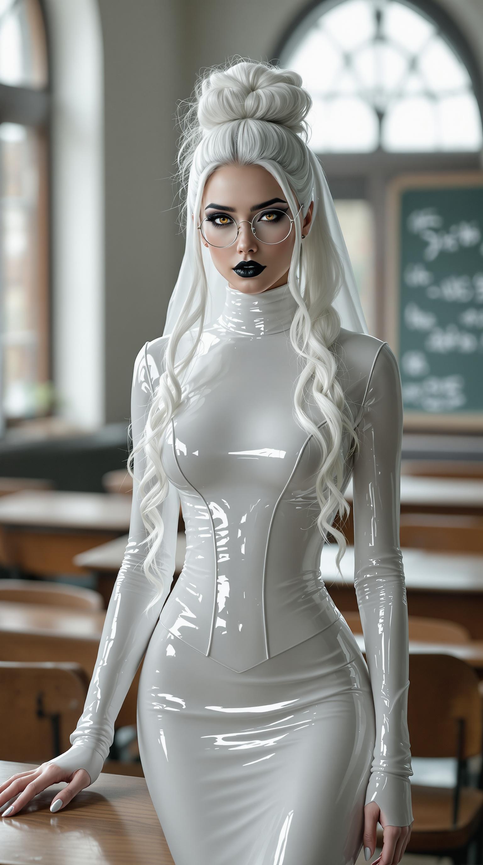 A breathtaking full-body portrait of a 29-year-old woman radiating an ethereal, otherworldly presence, set within the nostalgic confines of a traditional college classroom. Her stark white hair flows in delicate, hyper-detailed ringlets and curls, cascading from a small, neatly tied bun at the crown of her head, framing her face with an angelic yet haunting elegance, each strand shimmering with intricate texture and subtle highlights. Her pale, porcelain skin glows with a soft, luminescent sheen, creating a striking contrast with her bold gothic makeup: dark, smoky eyeshadow seamlessly blended into thick, dramatic winged eyeliner that sharpens the piercing intensity of her amber eyes, which shimmer with a supernatural, enigmatic depth. Glossy, shiny black lips catch subtle, reflective highlights, adding a rebellious, captivating edge to her expression. Slim, round, wire-framed glasses rest delicately on her nose, their thin metal glinting faintly under the light, amplifying the magnetic allure of her gaze.

She is dressed in a sleek, skintight shiny latex nun's habit with a corset, the form-fitting fabric reflecting sharp, mirror-like highlights and featuring crisp, meticulously pleated details that emphasize its polished, futuristic texture. The outfit clings to her form, accentuating her statuesque silhouette with a blend of dark sensuality and avant-garde design. The surrounding environment contrasts her modernity with aged wooden desks, their surfaces etched with faint scratches and worn edges, and chalkboards bearing ghostly traces of complex equations, grounding the scene in a nostalgic yet eerie academic atmosphere.

Soft, diffused natural light pours through large, arched windows, casting gentle beams and subtle shadows across the room, creating a serene yet haunting ambiance on a cool, overcast afternoon. The composition is framed from a slight low angle, emphasizing her commanding, powerful presence as she stands centrally in the frame, one hand resting lightly on a desk, fingers slightly splayed to convey quiet strength and confidence. The background fades into a soft blur, with muted tones of weathered wood and faded chalk dust enhancing the cinematic tension.

The mood blends haunting allure with rebellious mystery, bathed in silvery, muted light that heightens the dramatic interplay of light and shadow. The style fuses a dark gothic aesthetic with high-fashion editorial photography, showcasing hyper-detailed textures in her cascading hair, intricate makeup, and reflective latex outfit. Rendered in a high-contrast finish with razor-sharp clarity, dramatic chiaroscuro lighting, and a shallow depth of field, she stands in pristine focus against a softly blurred, atmospheric background, evoking a timeless yet edgy narrative.